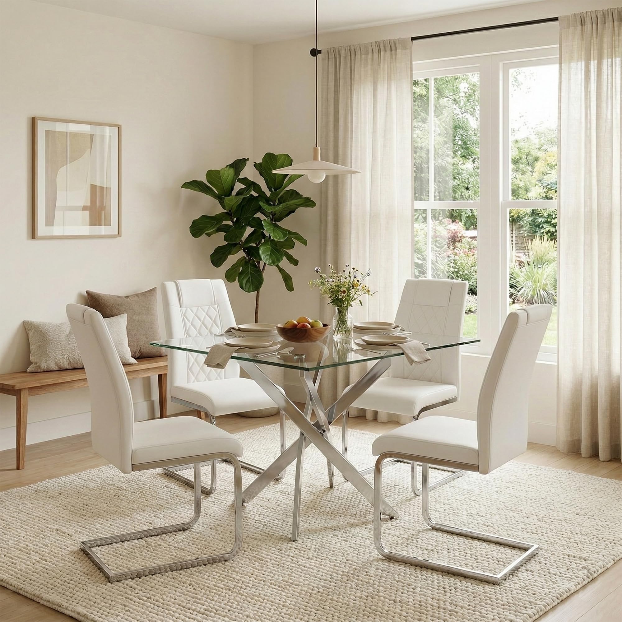 5 Piece Glass Dining Table Set for 4, Modern Tempered Glass Top Kitchen Table and Chairs Set, 4 Upholstered Chairs, Space-Saving Small Apartment Dining Set, Silver &amp; White