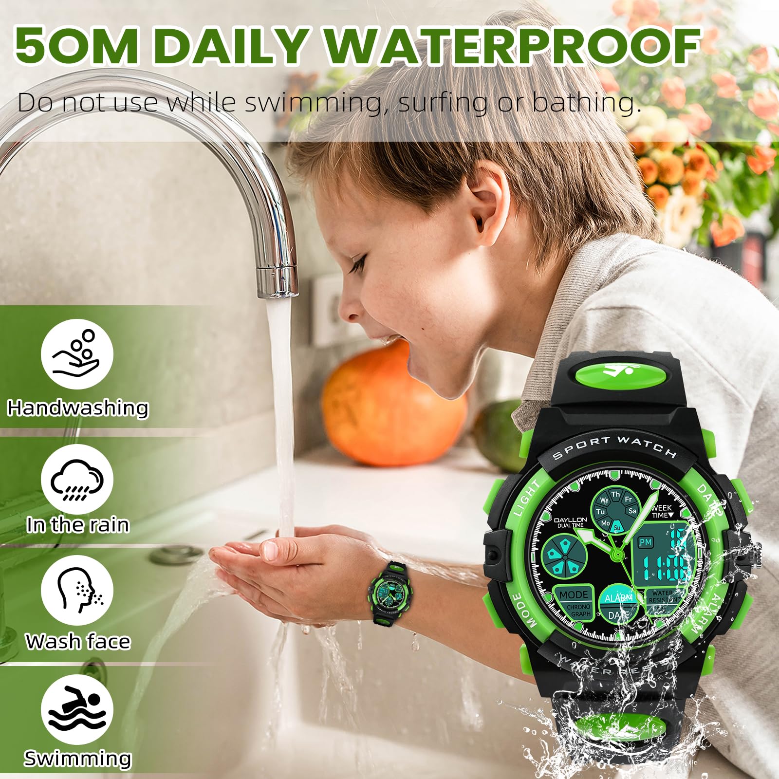 Dayllon Orologi per bambini, ragazzi età 5-15, orologio analogico digitale per bambini, verde, Verde