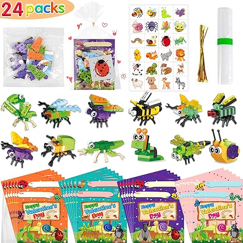 U-Goforst Paquete de 24 regalos para el día de San Valentín para niños, bloques de insectos, kits de construcción de juguetes con tarjetas de San