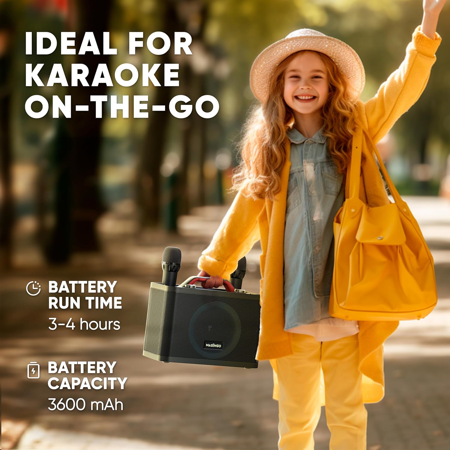 A child carrying the MASINGO Sonoro G5 karaoke machine, demonstrating its portability.