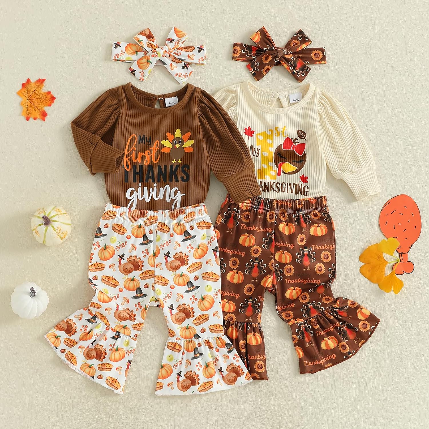SAYOO My First Thanksgiving Baby Girl Outfit Newborn Puff Sleeve Ribbed Knit Turkey Bodysuit Flare Pant Headband Clothes - Image 4