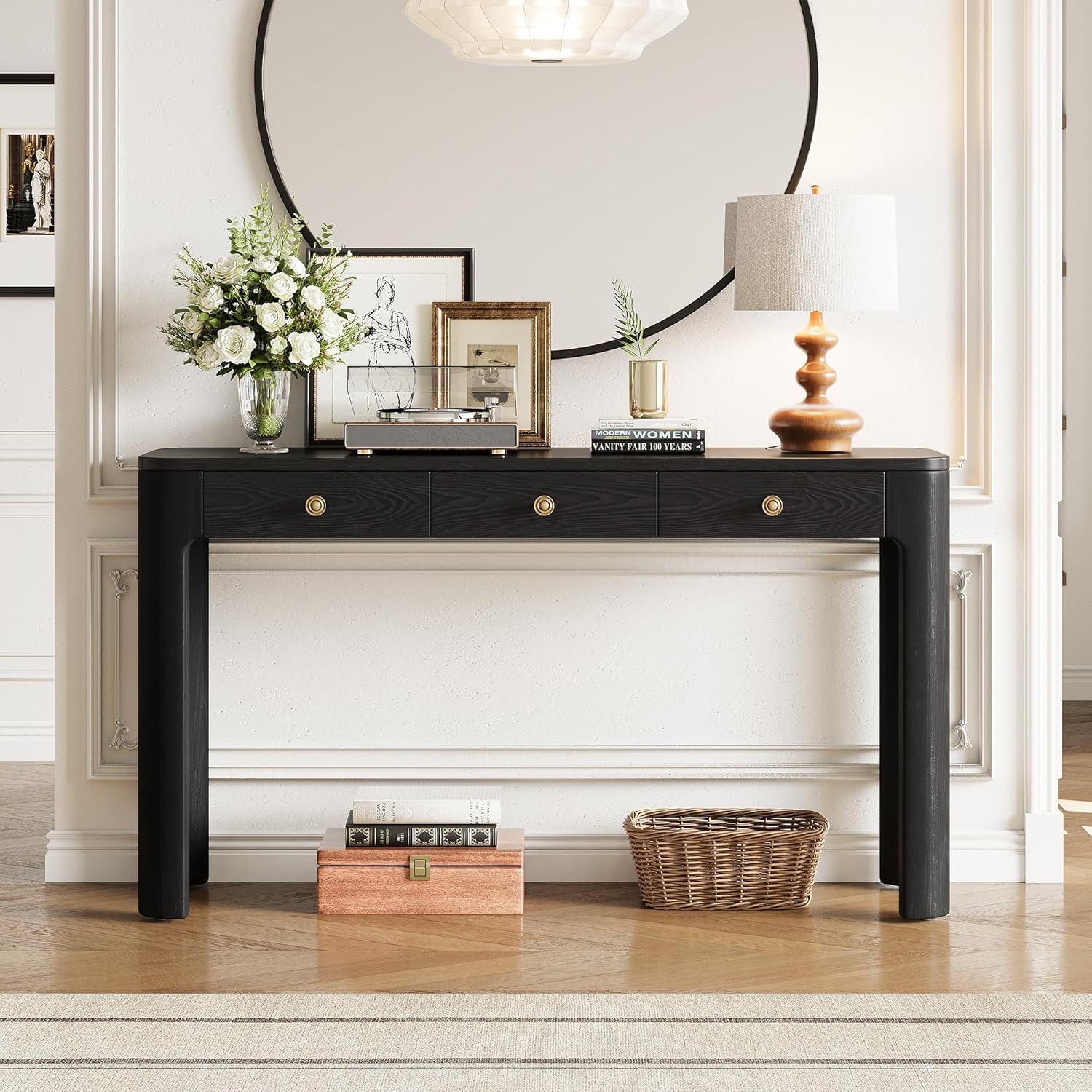 Wood Entryway Console Table with 3 Drawers and Curved Corners, 52'' Long Accent Sofa Table with Thickened Legs for Living Room Hallway (Black-10.17)