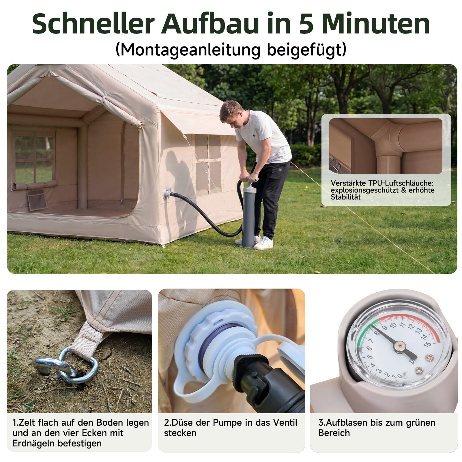 HAUSPROFI Aufblasbares Zelt für 2-4 Personen, Campingzelt mit Dachfenster & Kaminöffnung & Luftpumpe, Outdoor Zelt aus Wasserdichtem Oxford-Stoff, Schneller Aufbau
