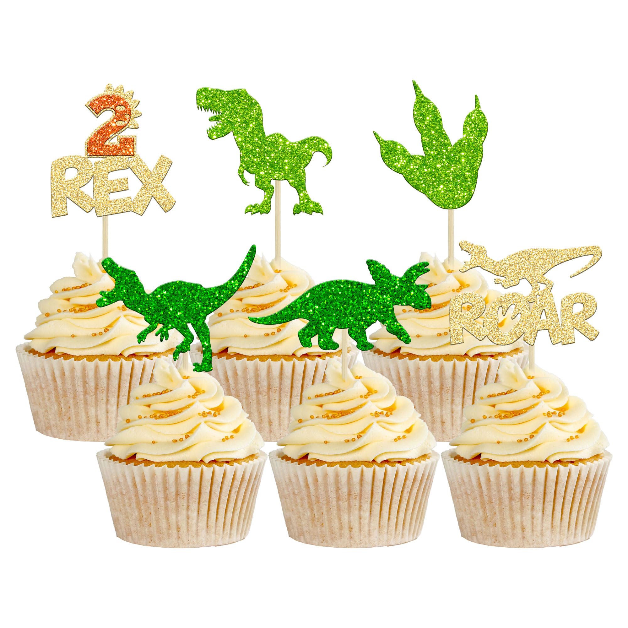 24 Dinosaurier-Cupcake-Topper Mit Grünem Glitzer – 10,9 Cm, Papier, Für Dino-Party & Geburtstag