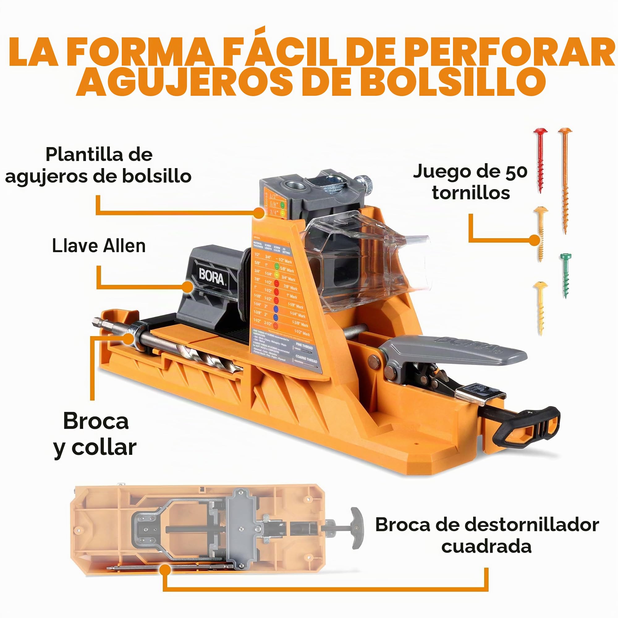 BORA Plantilla automática de agujero de bolsillo con 50 tornillos recubiertos de color, guía de taladro de ajuste automático, kit de plantilla de agujero de bolsillo para carpintería, para materiales