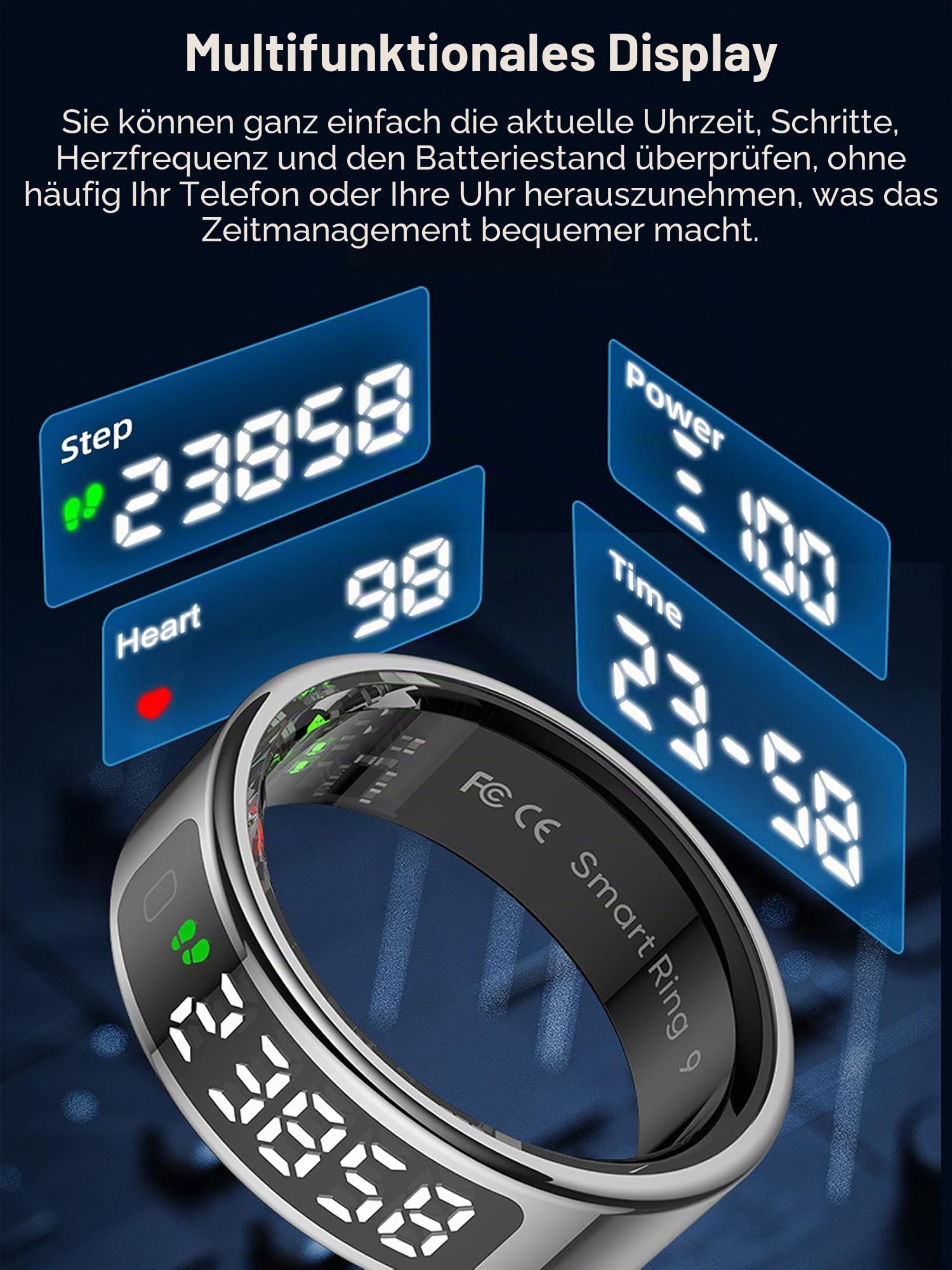 findtime Smart Ring Fitness Ring mit Display LED Anzeige Smartring Herren Damen Android iOS Schrittzähler Pulsmesser SpO2 Fitness Tracker Ring Schlaf Aktivitätstracker IP68 Tik Tok Scrolling Ring