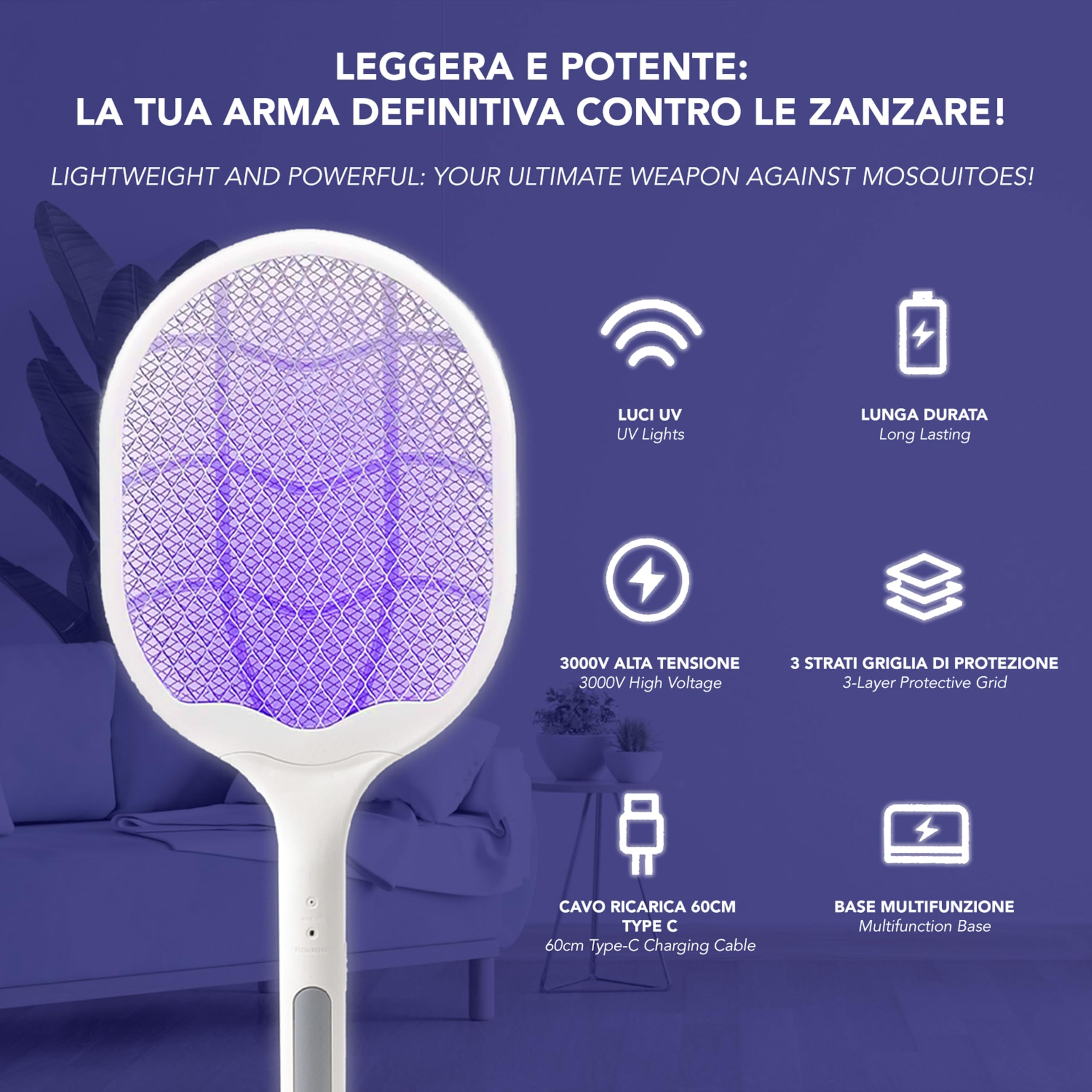 IPEA Racchetta Zanzare Elettrica Ricaricabile USB-C 2 in 1 3000V 1200 mAh
