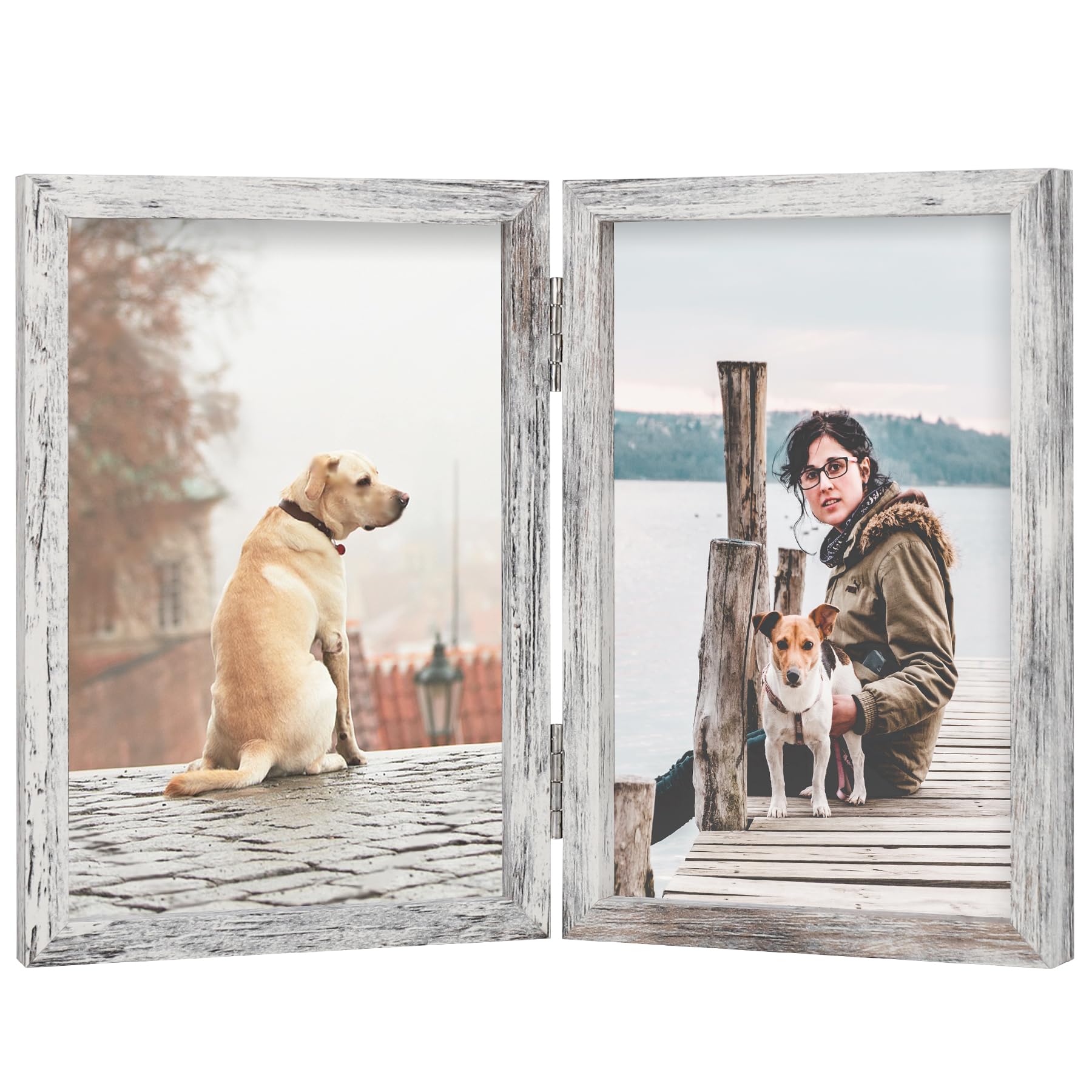 Photo 1 of FOREV 4x6 Double Picture Frame Wooden Hinged Photo Frame Definition Glass Stand Vertically on Desktop or Tabletop Distressed White