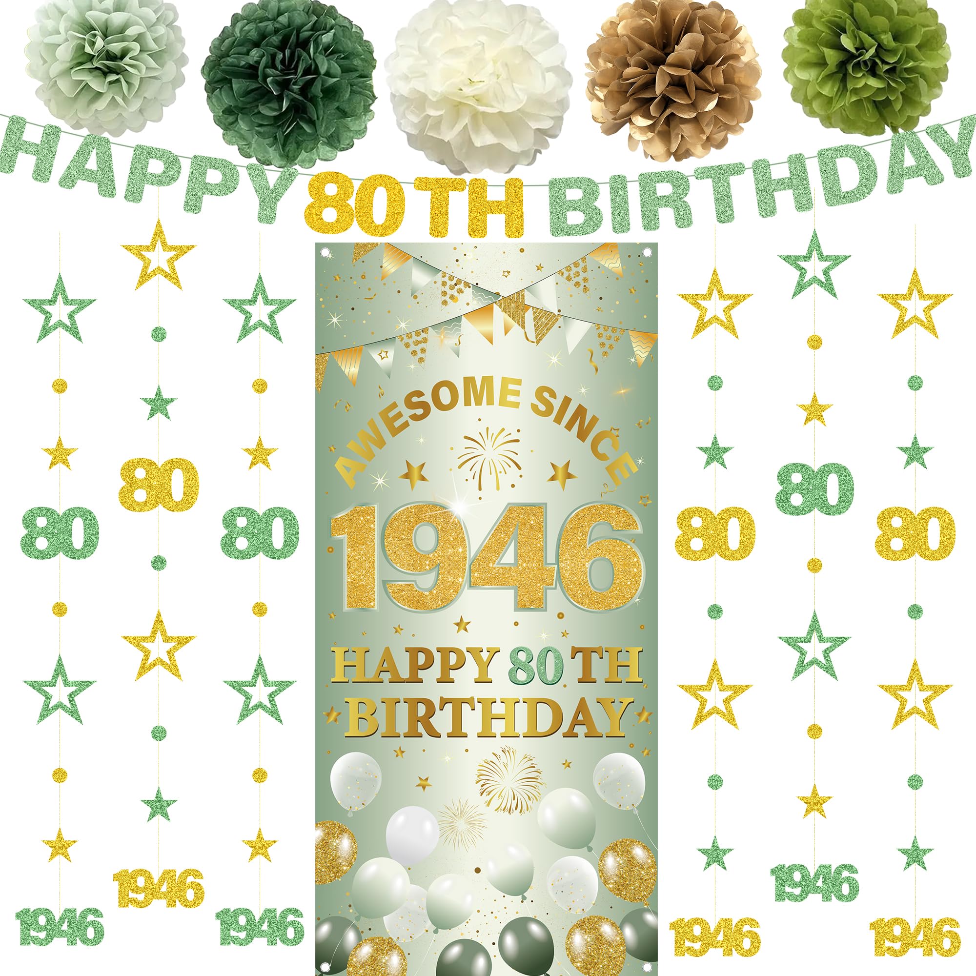 80th Birthday Decorations Women Men - 13 Pcs Green Gold Awesome Since 1946 Banners Number 80 Circle Dot Twinkle Star Garland Pompoms for Happy Eighty Year Old Party Supplies Decor