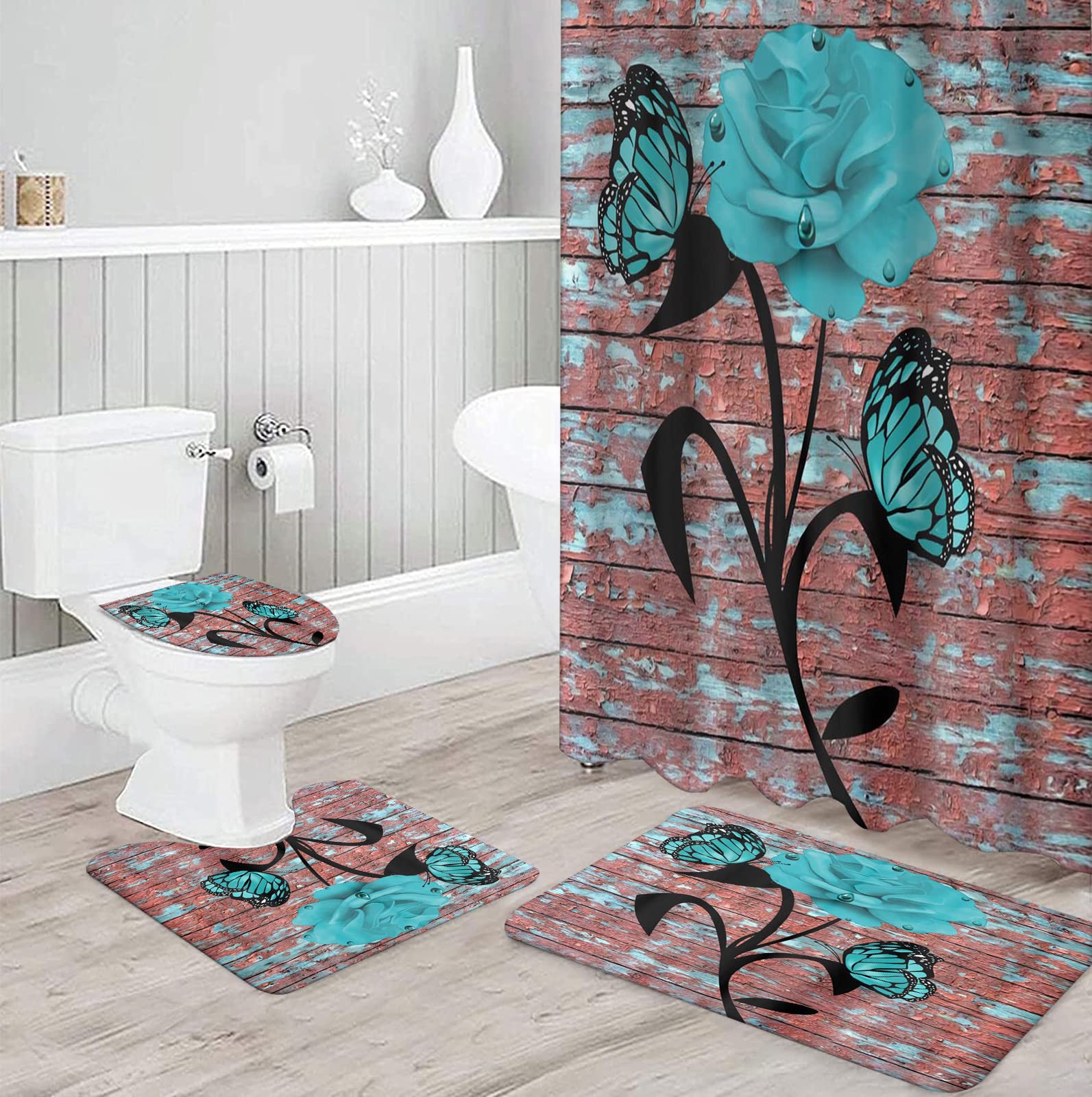 Set Da Bagno 4 Pezzi Con Tenda Doccia 182x182 Cm, Tappeto Antiscivolo E Copriwater, Motivo Cane Corgi E Farfalle, Stile Rustico