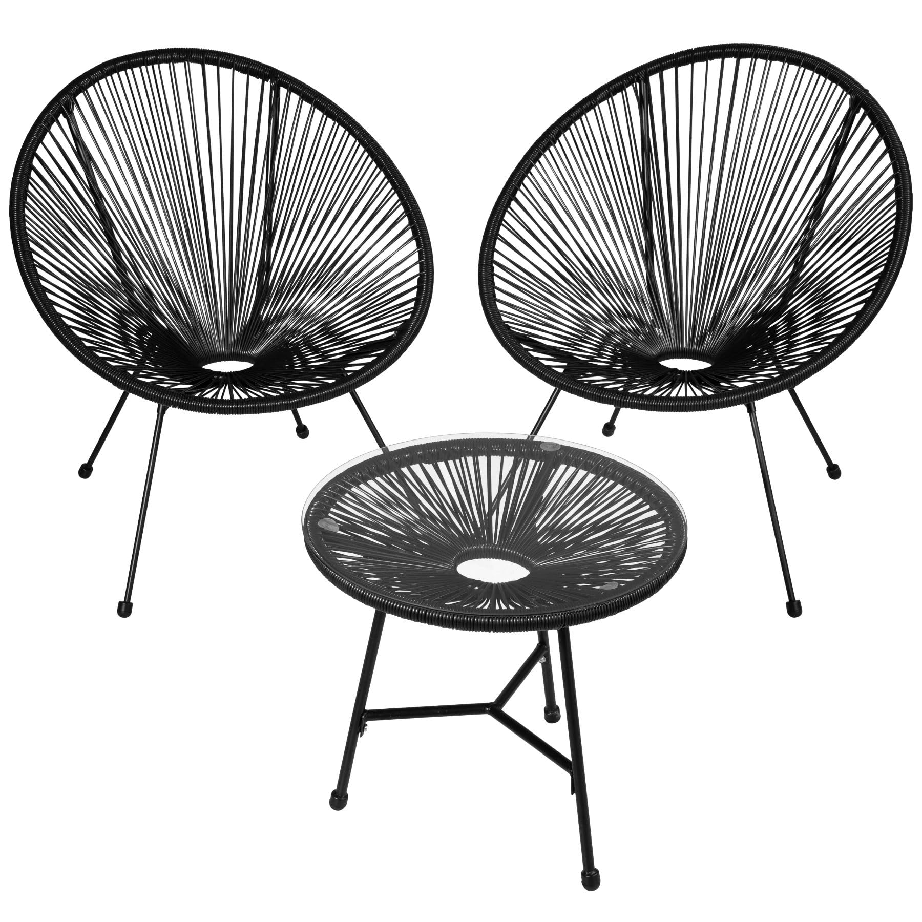 tectake® Conjunto Muebles Jardín Exterior de Acero, Estilo Acapulco, 2 Sillas y 1 Mesa con Cristal, Mesa y Sillas de Terraza Resistentes a Intemperie,Topes en Patas, para Interior y Exterior - negro