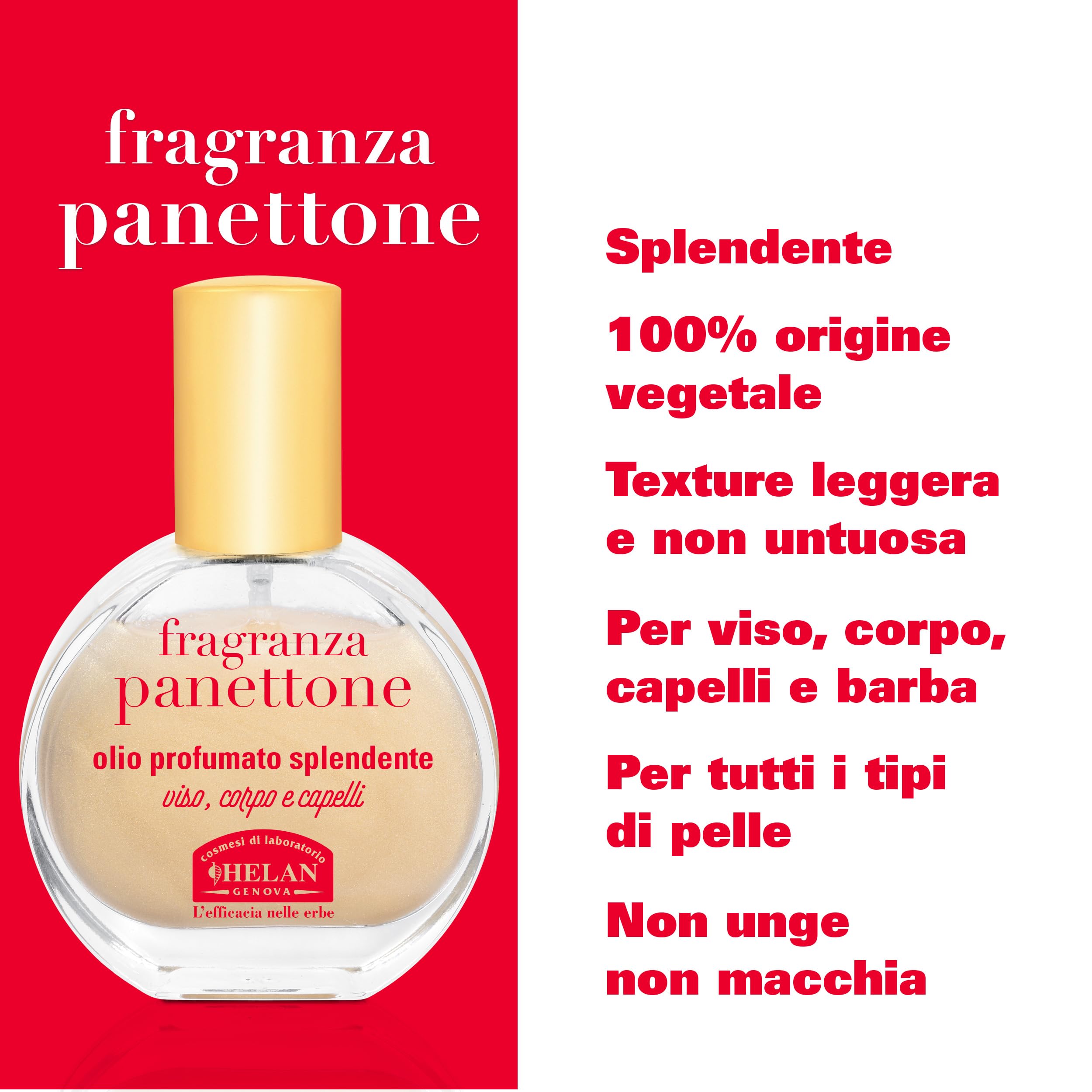 Helan Fragranza Panettone - Olio Capelli e Corpo Profumato Multiuso, Olio Secco Spray Luminoso anche Viso e Barba 100% Vegetale con Vitamina E, Mandorle Dolci, Oliva e Rosmarino, 30 ml, Made in Italy