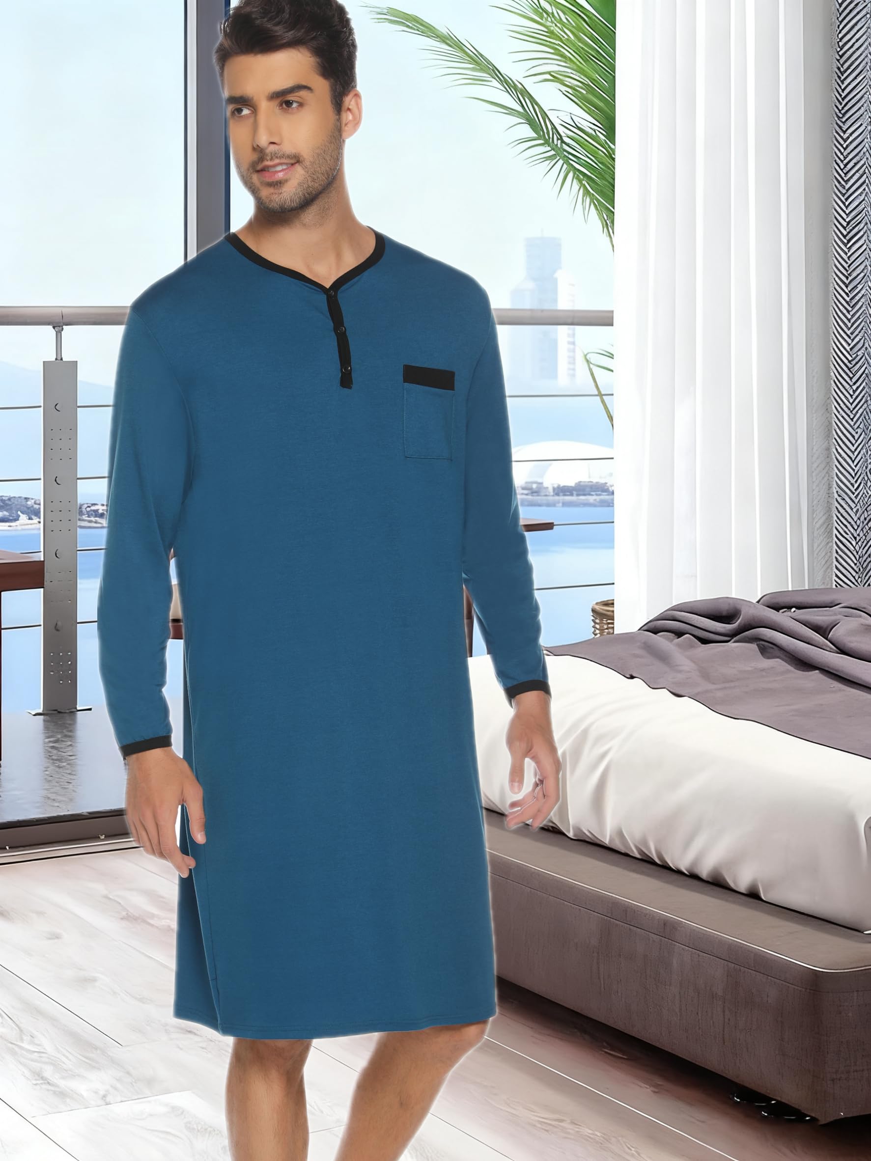 Chemise de Nuit Homme Coton Pyjama Manches Longues Manches Courtes Hauts de Pyjama Homme Tee-Shirt Long Col Rond avec Boutons Vêtements d'Intérieur T-Shirt Grande Taille Douce Confortable