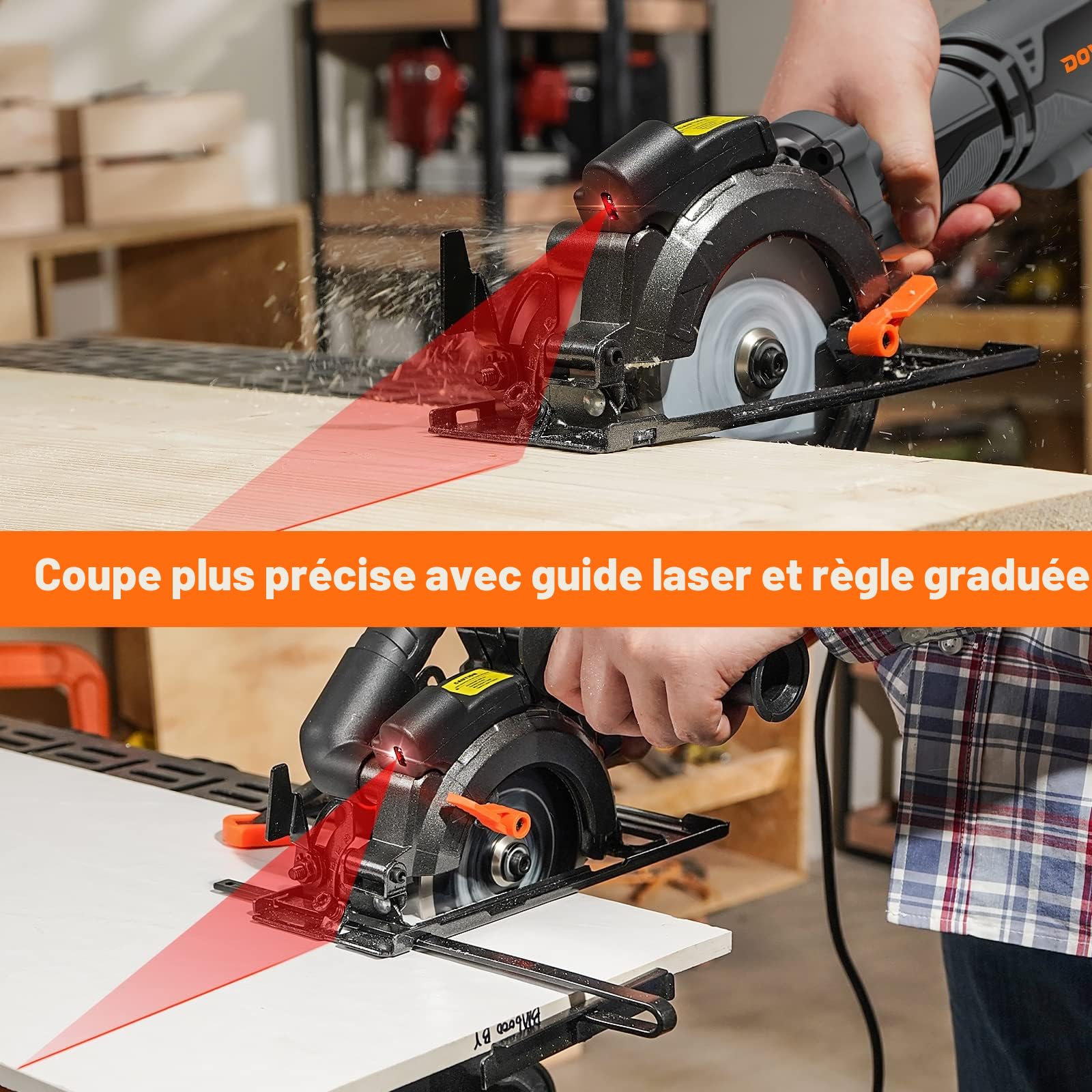 DOVAMAN Mini Scie Circulaire, 710W 115mm w/Laser, 3500RPM, Poignée Auxiliaire, Profondeur de Coupe de 43mm (90°), 29mm (45°), 6 Lames, pour le Bois, Métal Souple, Plastique, Carrelage - MCS01A