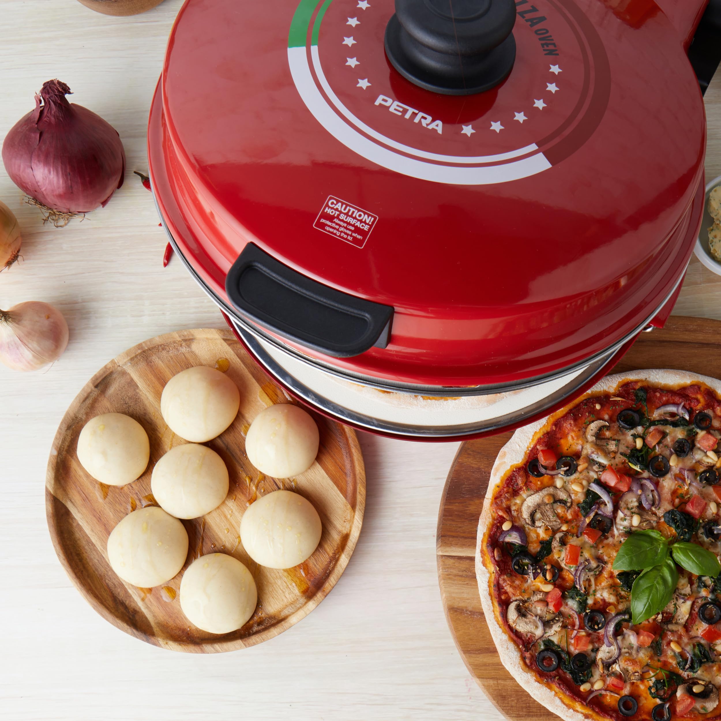 Petra PT5666VDE Horno eléctrico para pizza - interior, 1200 W, 5 niveles de temperatura, precalentamiento rápido, pizzas de 12 pulgadas en 5 minutos, piedra para pizza extraíble, cortador y 2 paletas