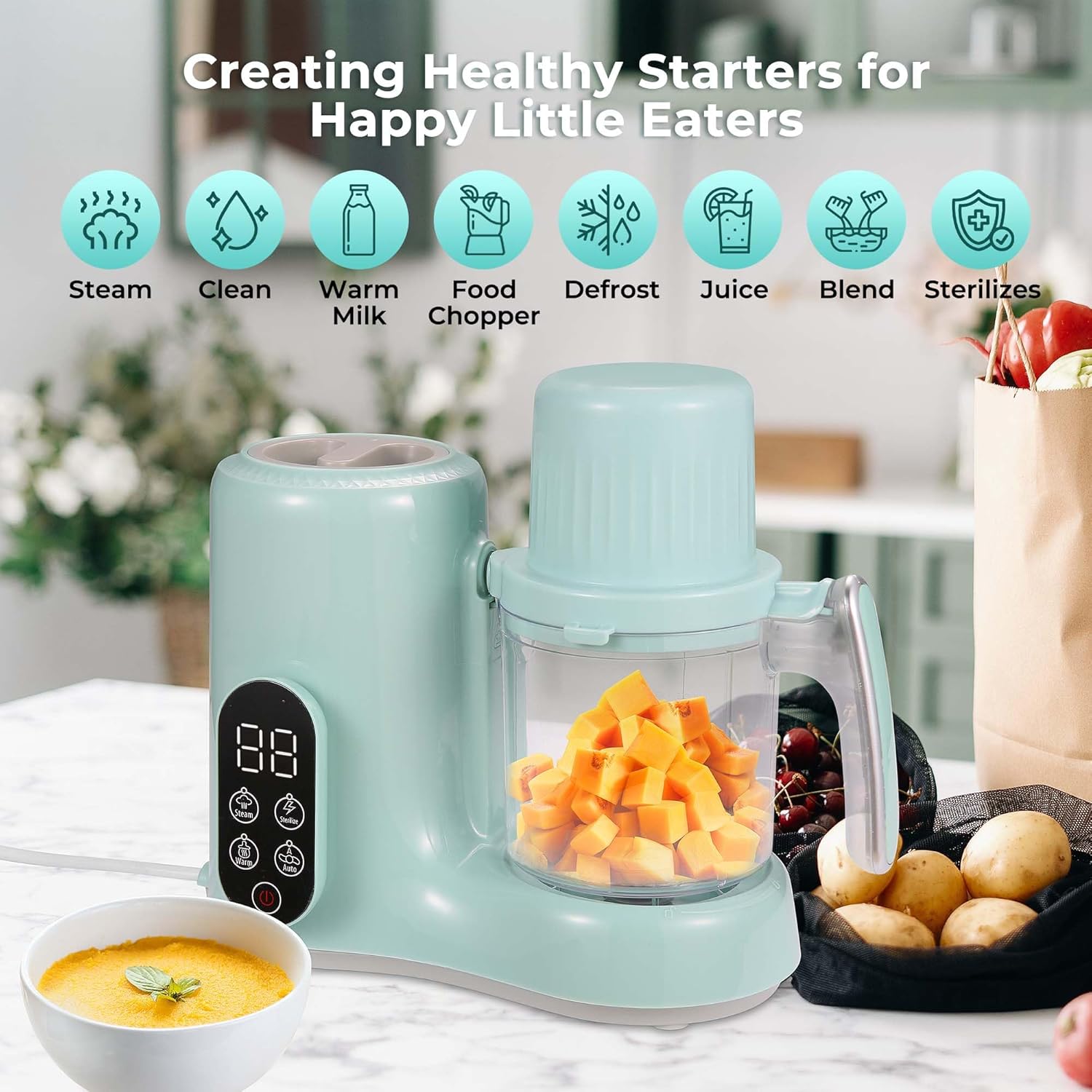 Baby Food Maker with Steaming Basket, Puree Blender Grinder Mills Machine,Auto Cooking & Grinding, Touch Screen Control,Warm Bottle Sanitizer, Green