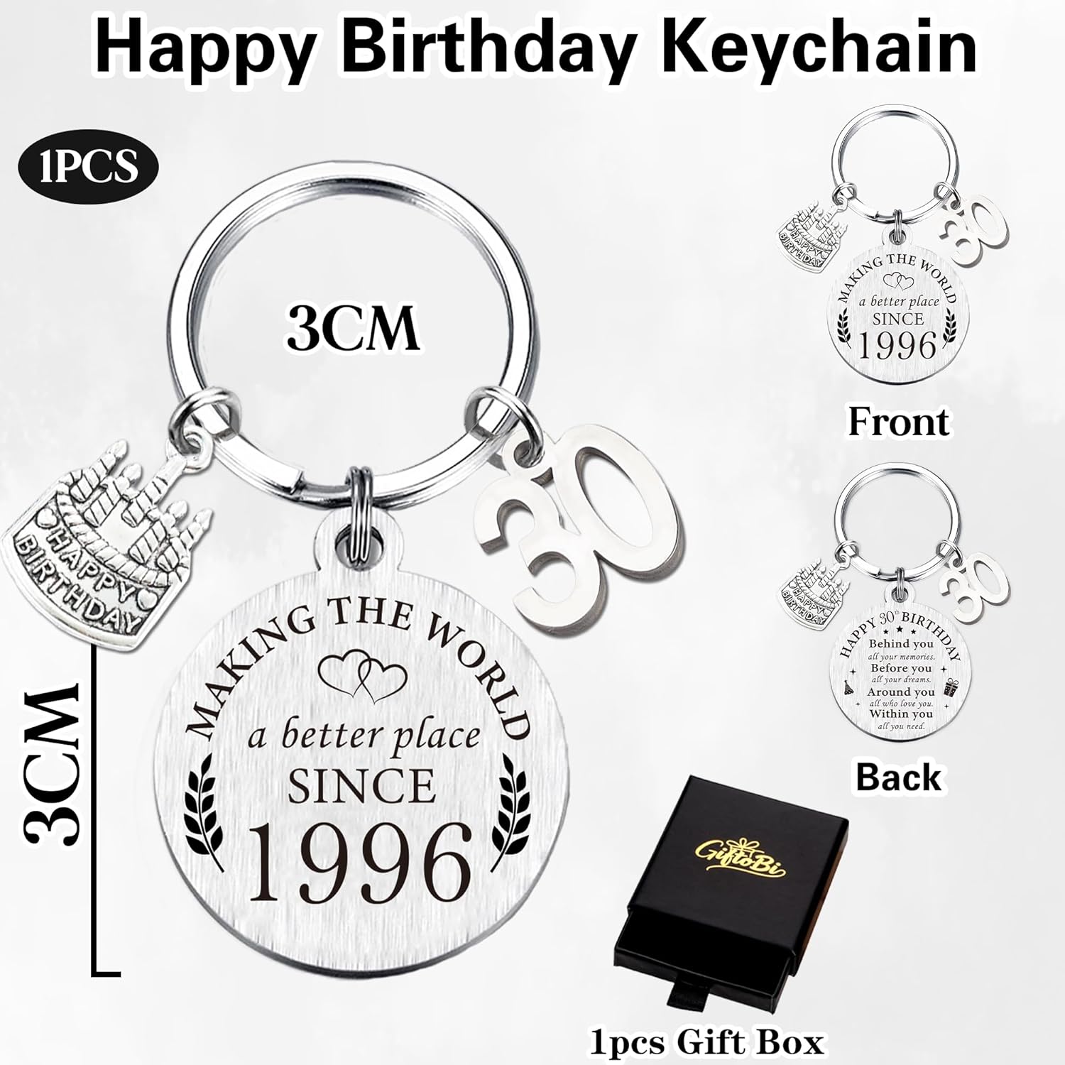 Happy Birthday Gifts for Women Men - 30th 40th 50th 60th Keychain with Cake Charm, Inspirational Gift for Friends Coworkers - Image 2