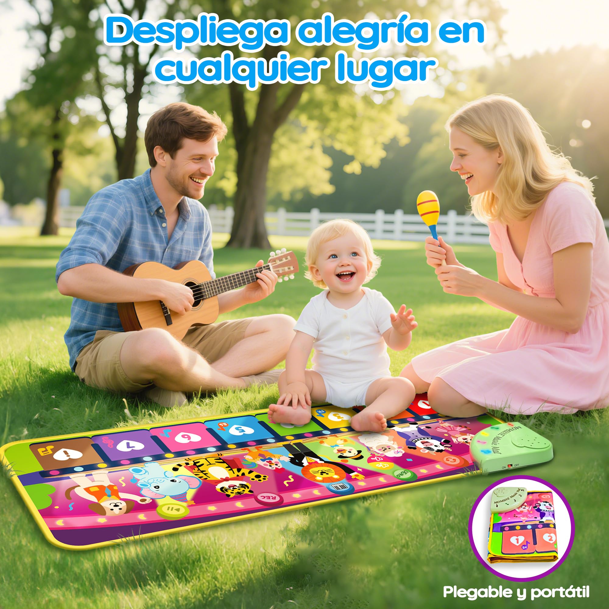 MOMUSE Alfombra Musical 5 Idiomas (ES/DE/FR/IT/EN), Juguetes Niños 1 Año, Piano Infantil Multilingüe con 9 Animales, Portátil, Ligero, Regalo Na-vidad/Cumpleaños para Bebe Niñas Niños 1 2 3 4 Años