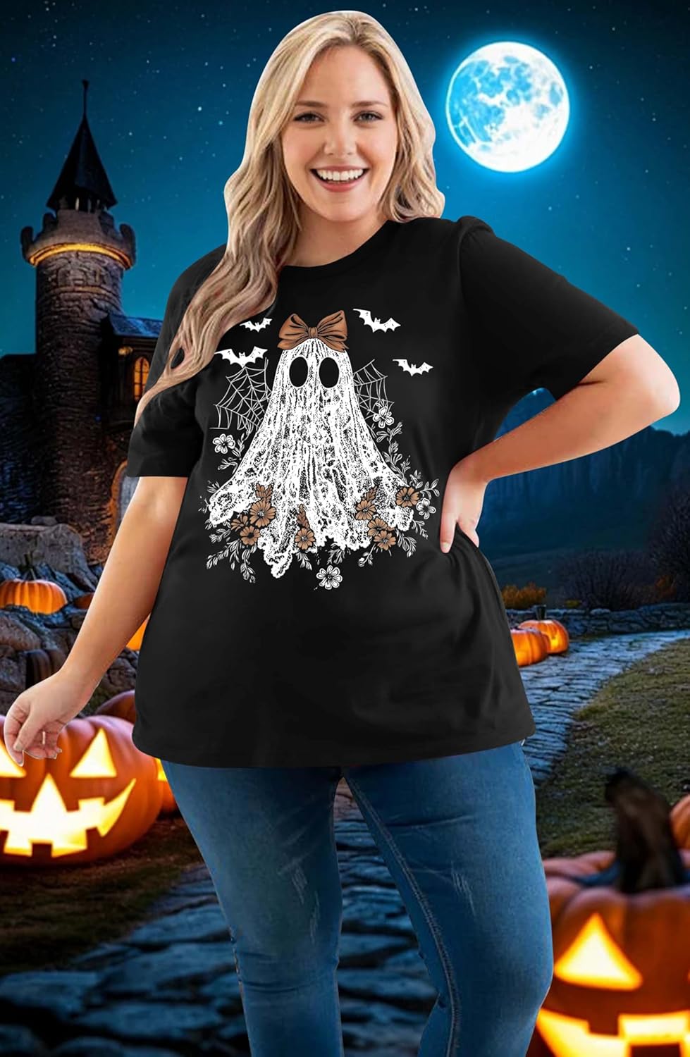 Plus Size Halloween Shirt Women Ghost Graphic T Shirt Halloween Fall Short Sleeve Tops - Image 4