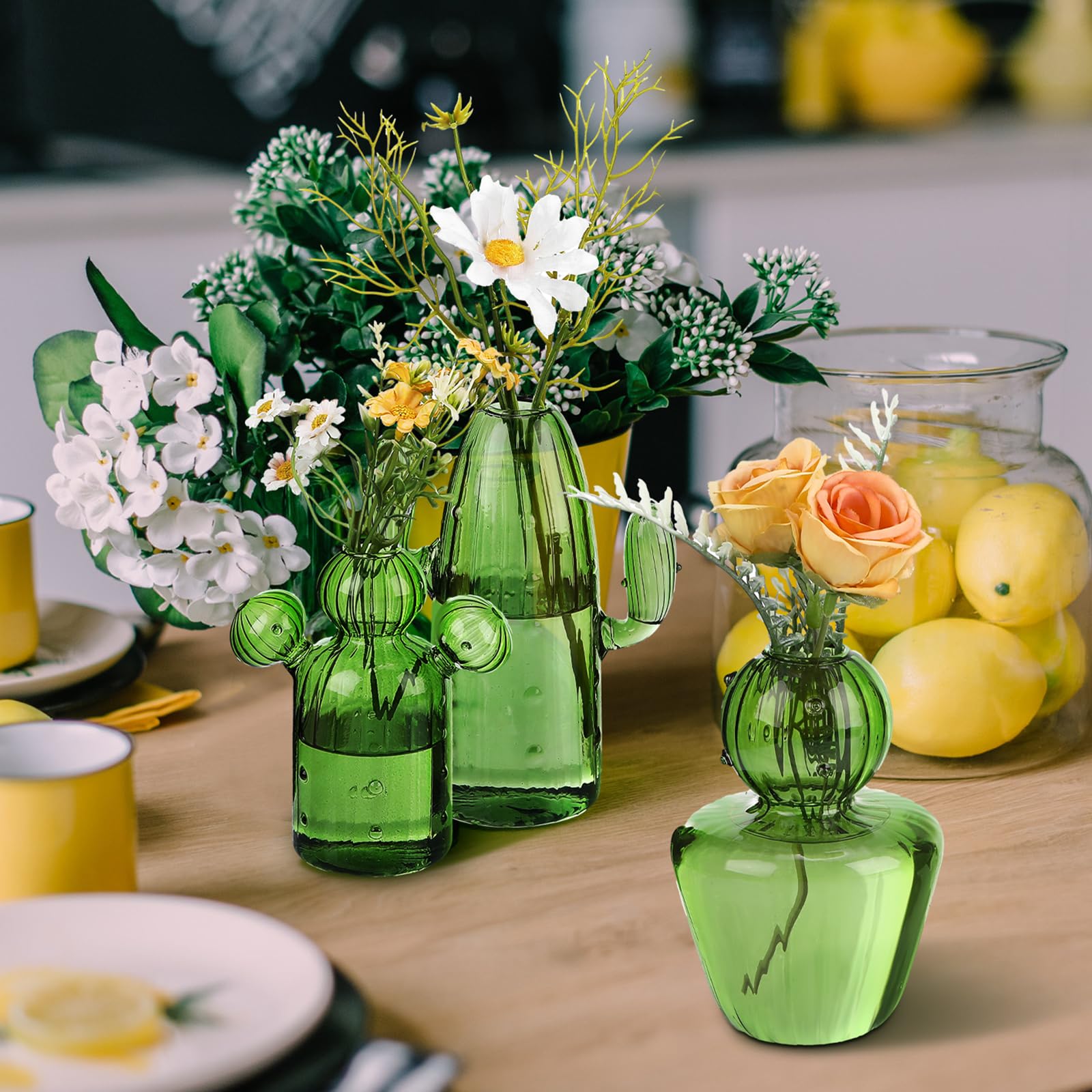 Maxdot Kaktus-Glasvasen, Kaktusform, Glas-Terrarium, Mini-Terrarium für Pflanzen, Anzuchtstation, niedliches Hydrokultur-Innen-PGeschenke für Pflanzenliebhaber, Hausgarten-Dekoration, Grün, 6 Stück