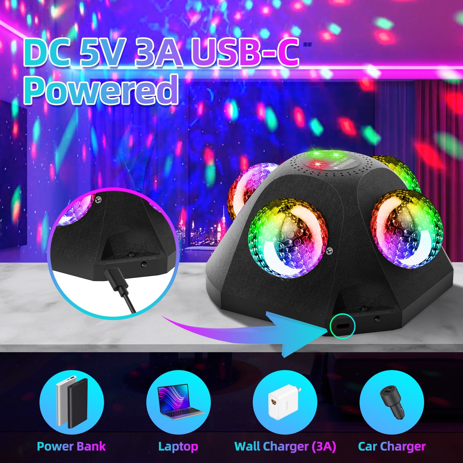 7 in 1 Discokugel RGBW Wasserwelleneffekt und Rot-Grün Muster | RGBW, Fernbedienung, Musikgesteuert, Stroboskop und Automatik, USB-C, Discolicht Partylicht für Party