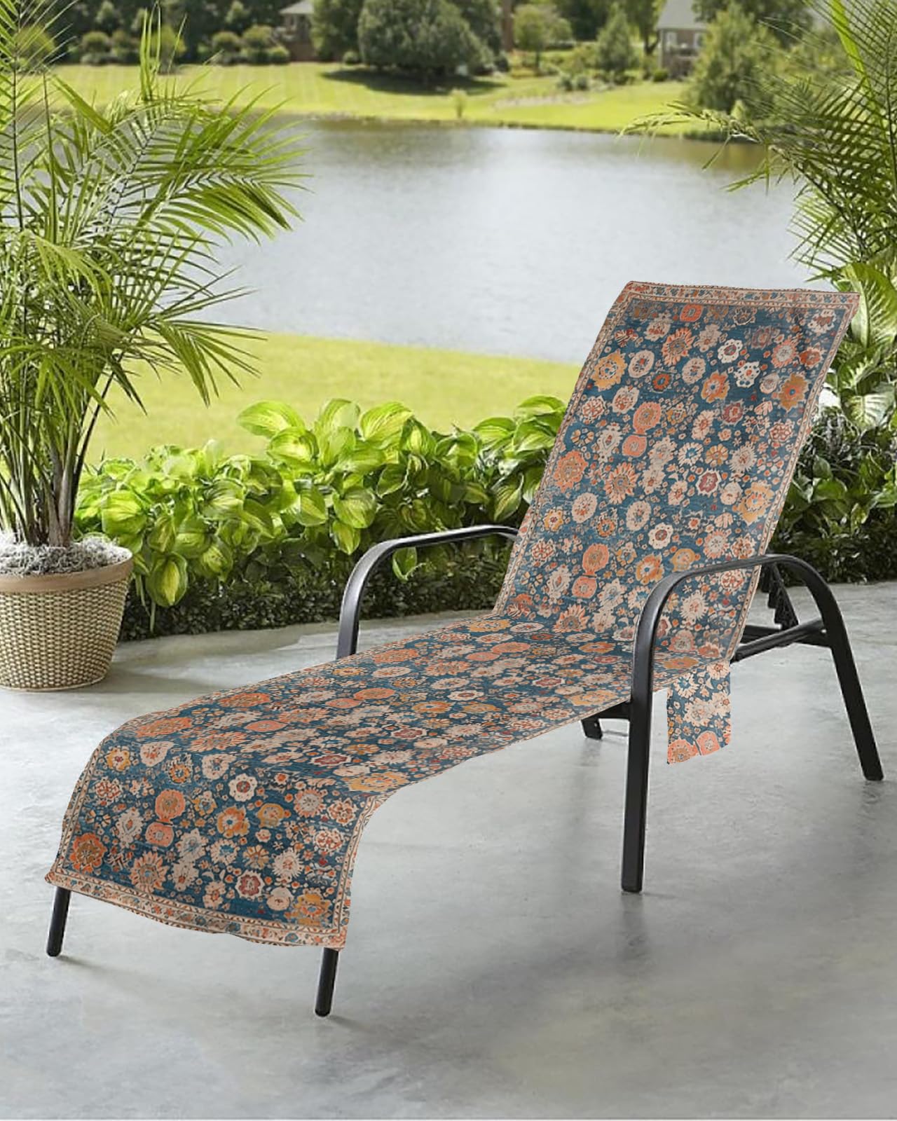 Blue Flower Print Beach Chair Towel Covers for Chaise Lounge with Side Pocket, Soft Plush Pool Towels Cover for Patio Sunbathing Outdoor 29''x85'' Farmhouse Boho Decorative Patterns