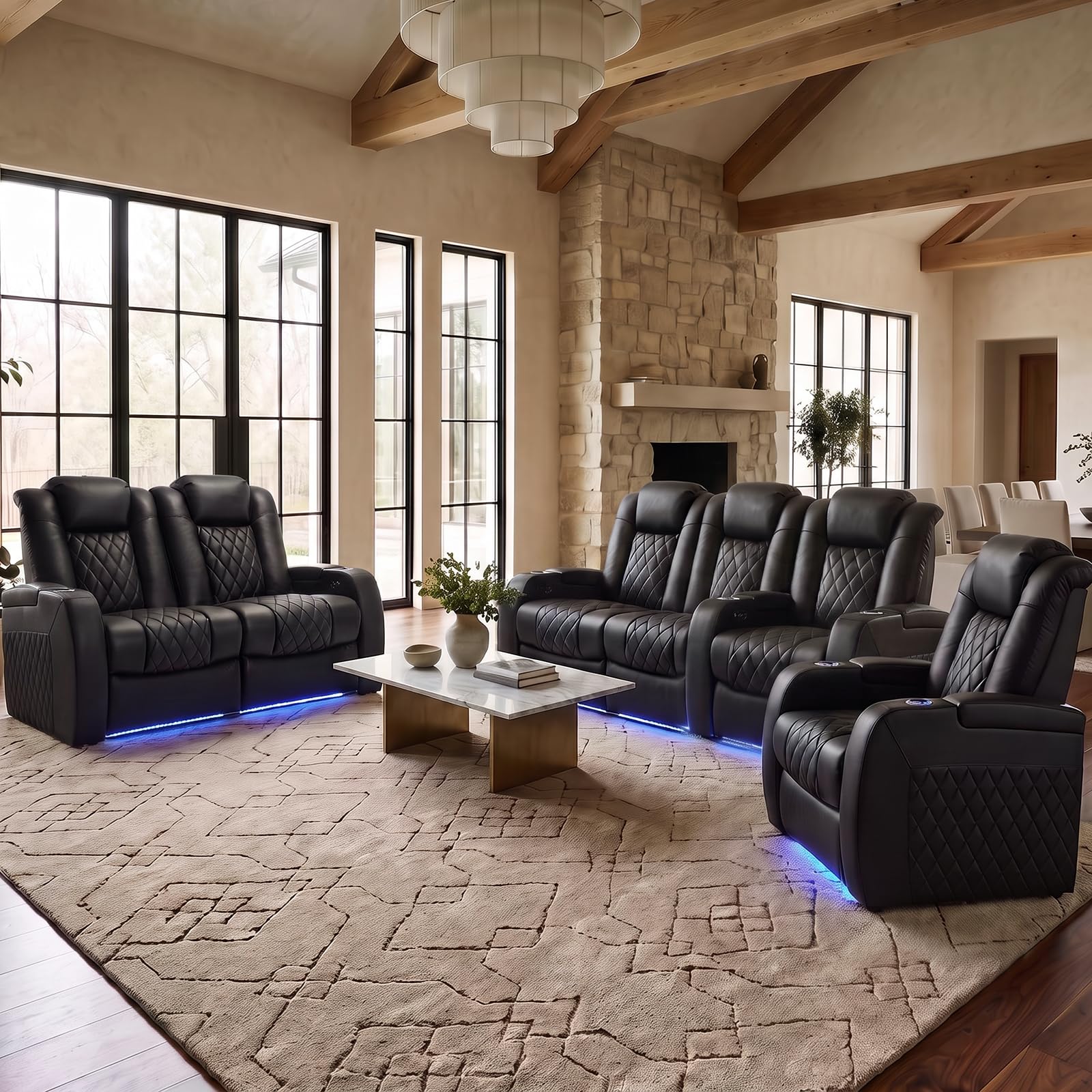 Weilianda 3 Pieces Top Grain Leather Electric Reclining Living Room Set