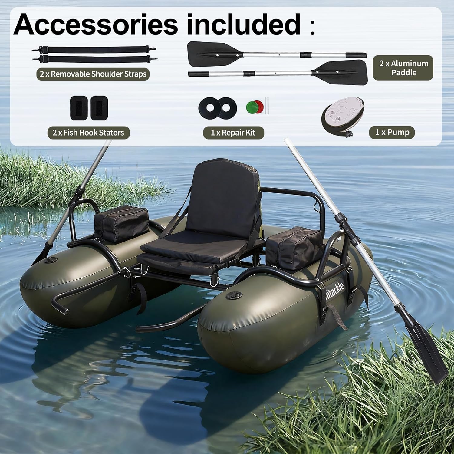 UNITACKCLE Inflatable Fishing Float Tube, Pontoon Boat with Adjustable Footrest, Folding Padded Seat, Paddles, Foot Air Pump Included, 249 LBS Load Capacity, Belly Boat Suitable for One Person Fishing