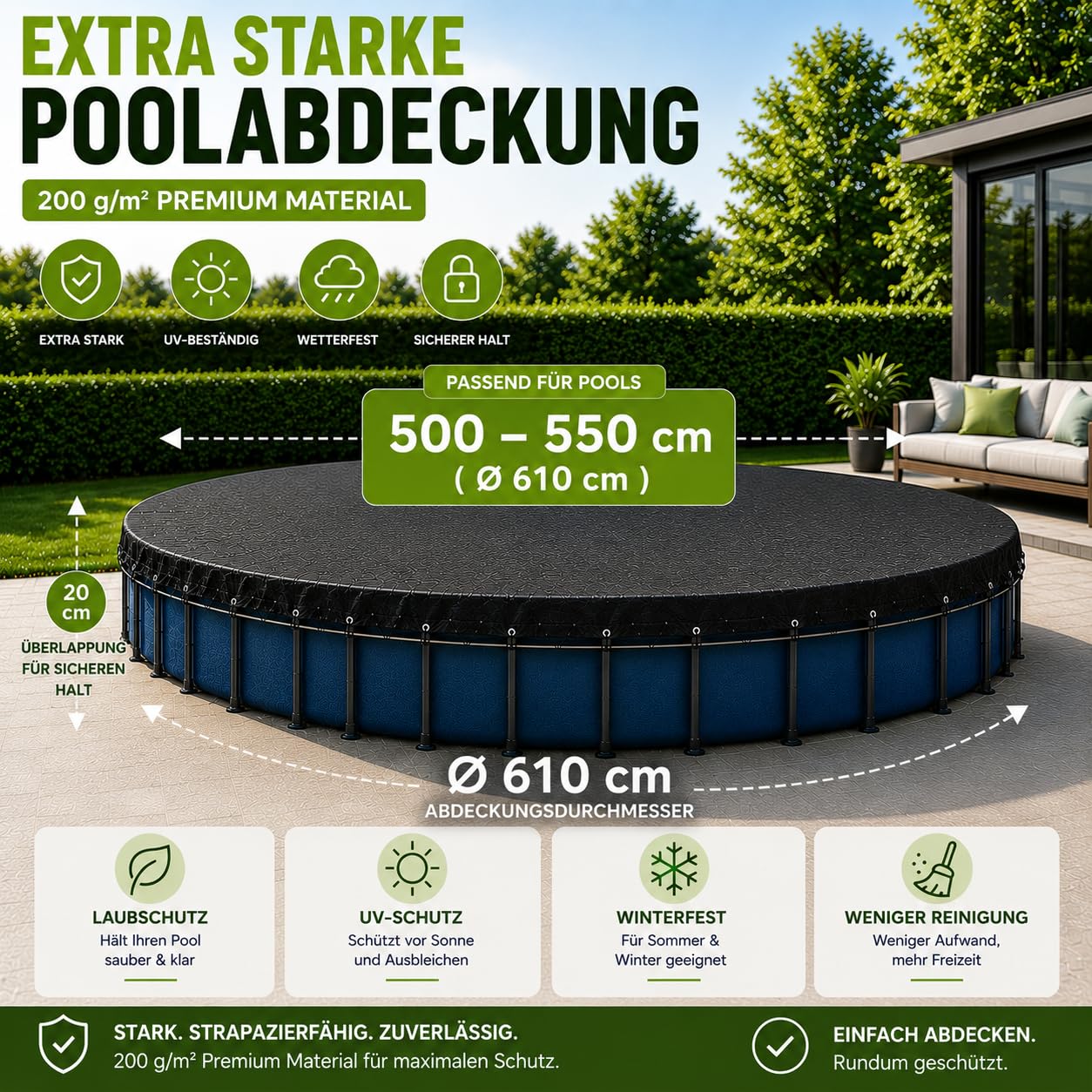 Runde Poolabdeckung – extra Starke 200 g/m² Plane – UV-beständige Solarabdeckung für Sommer & Winter – robuste Poolplane in Schwarz (500 – 550 cm (Ø 610 cm))