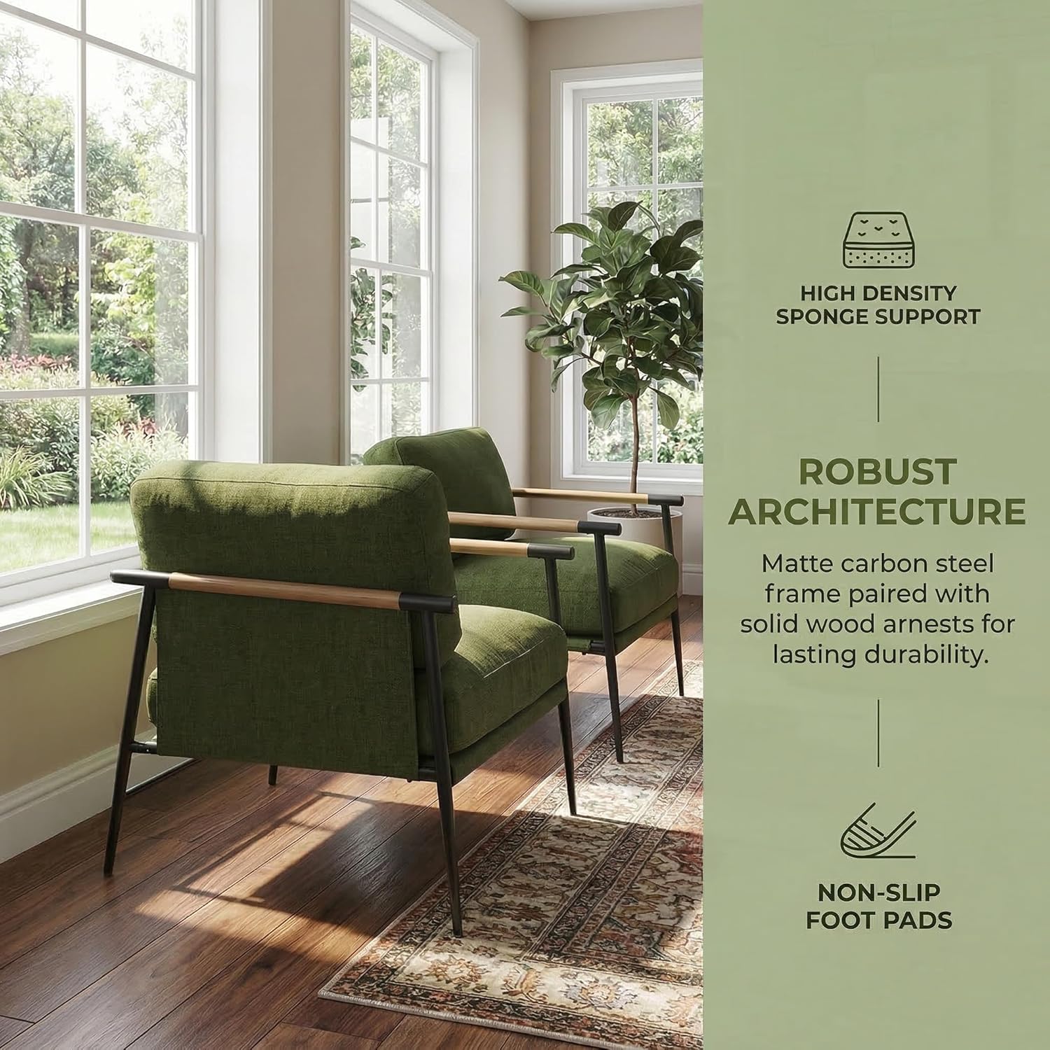 LukeAlon Mid-Century Linen Accent Chair, Ultra Soft Living Room Chair with Metal Legs Modern Armchair Reading Nook Chair Lounge Chair Upholstered Comfy Leisure Chair for Bedroom Waiting Room, Green