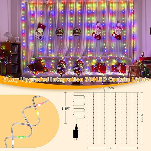 Miniatura 4 de Ollny - Tira de luces de cortina LED de 300 luces 3 m x 3 m, luces de Navidad impermeables IP67 para exteriores con control remoto, luces de hadas