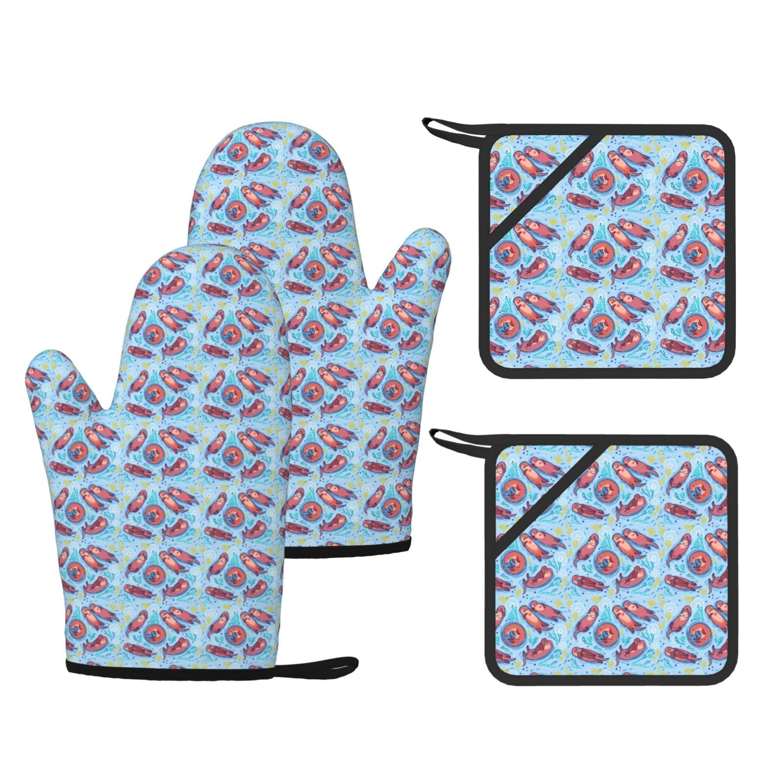 Animal Cute Brown Otters Printed Potholder and Oven Mitt Set of 4, High Heat Resistant Cooking Gloves for BBQ Grilling