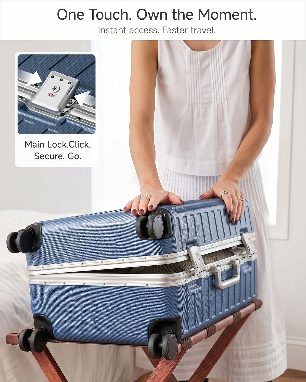 Luggage Sets with Spinner Wheels, 8010S Aluminum Frame Zipperless Polycarbonate Hard Shell Suitcase Sets (ZX-Core, Blue, 2 Piece (20/28))