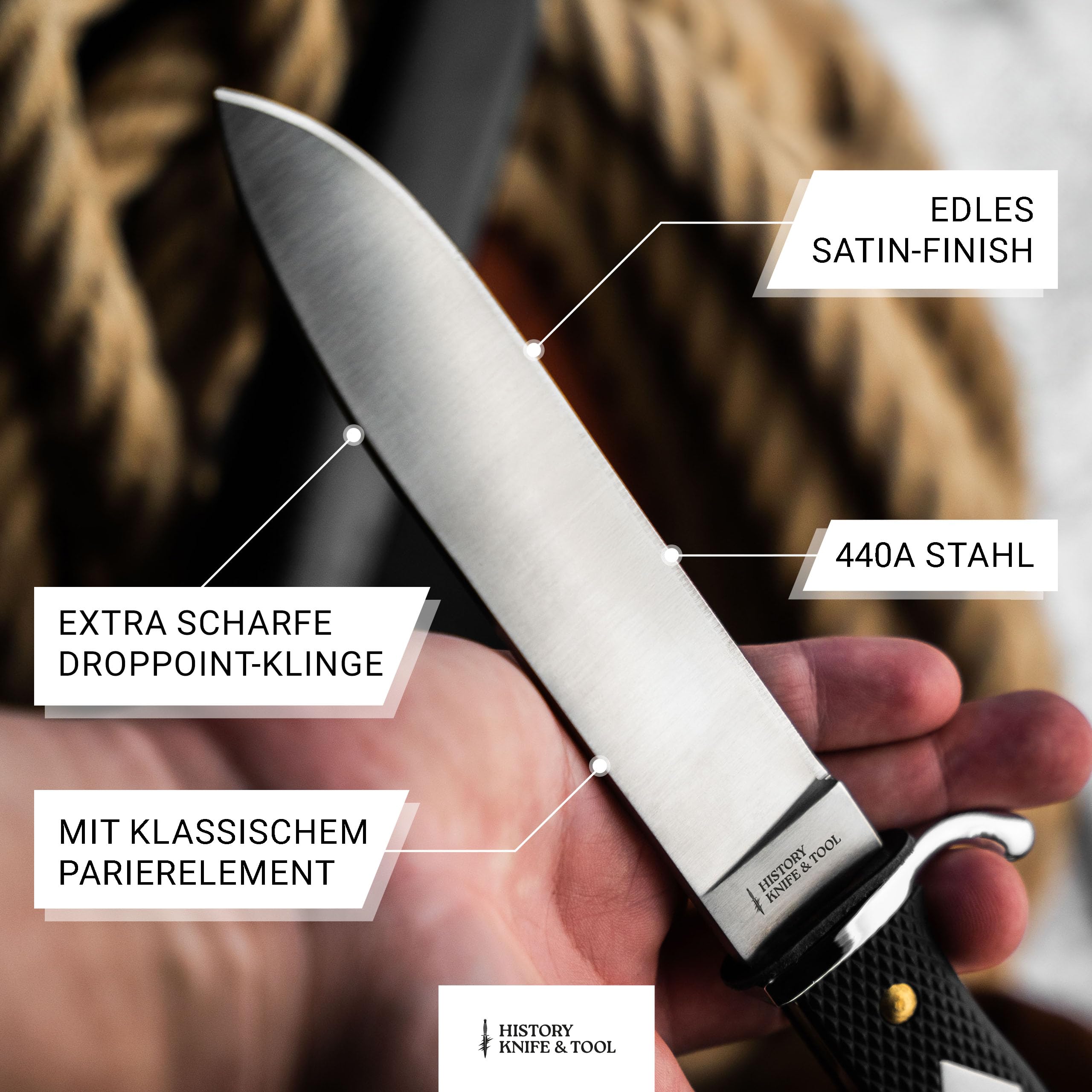 HISTORY KNIFE & TOOL® - German Scout Knife - klassisches Pfadfindermesser mit 14 cm Klinge - Fahrtenmesser traditionell mit schwarzem Griff - historisches Gürtelmesser feststehend mit Metallscheide