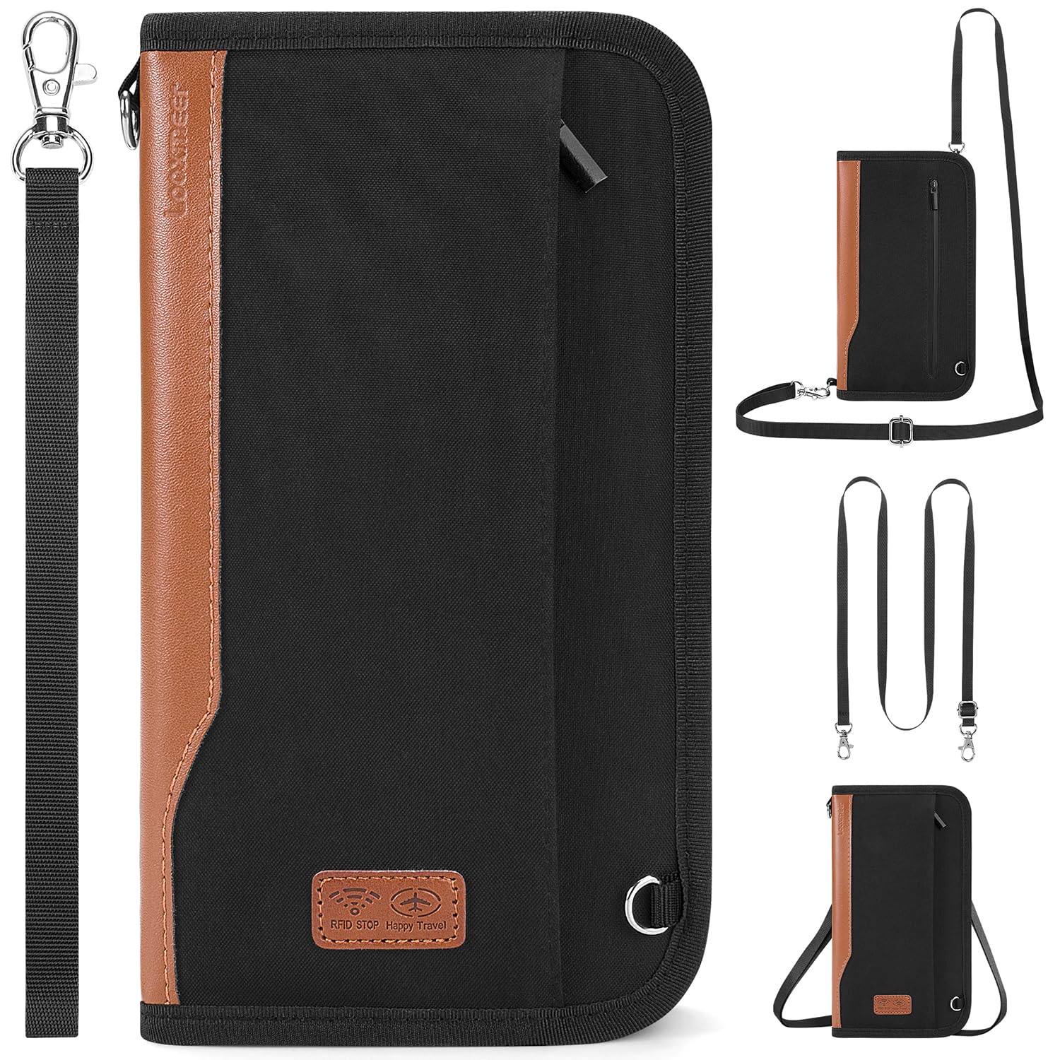 Looxmeer Passport Holder Travel Wallet, RFID Blocking Family Travel Document Organiser for Credit Cards, Tickets, Money, Coin, Phone, Pen, Waterproof Unisex Passport Cover with Crossbody & Wrist Strap