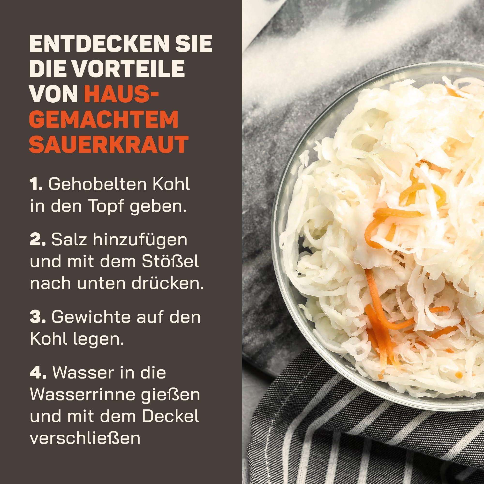 Sauerkrauttopf 4 Liter - Gärtopf zum Einlegen & Fermentieren | Mit Deckel, Krautstampfer & Fermentiergewichte – Gurkentopf Steintopf für Sauerkraut, Kimchi, Gurken - Steingut