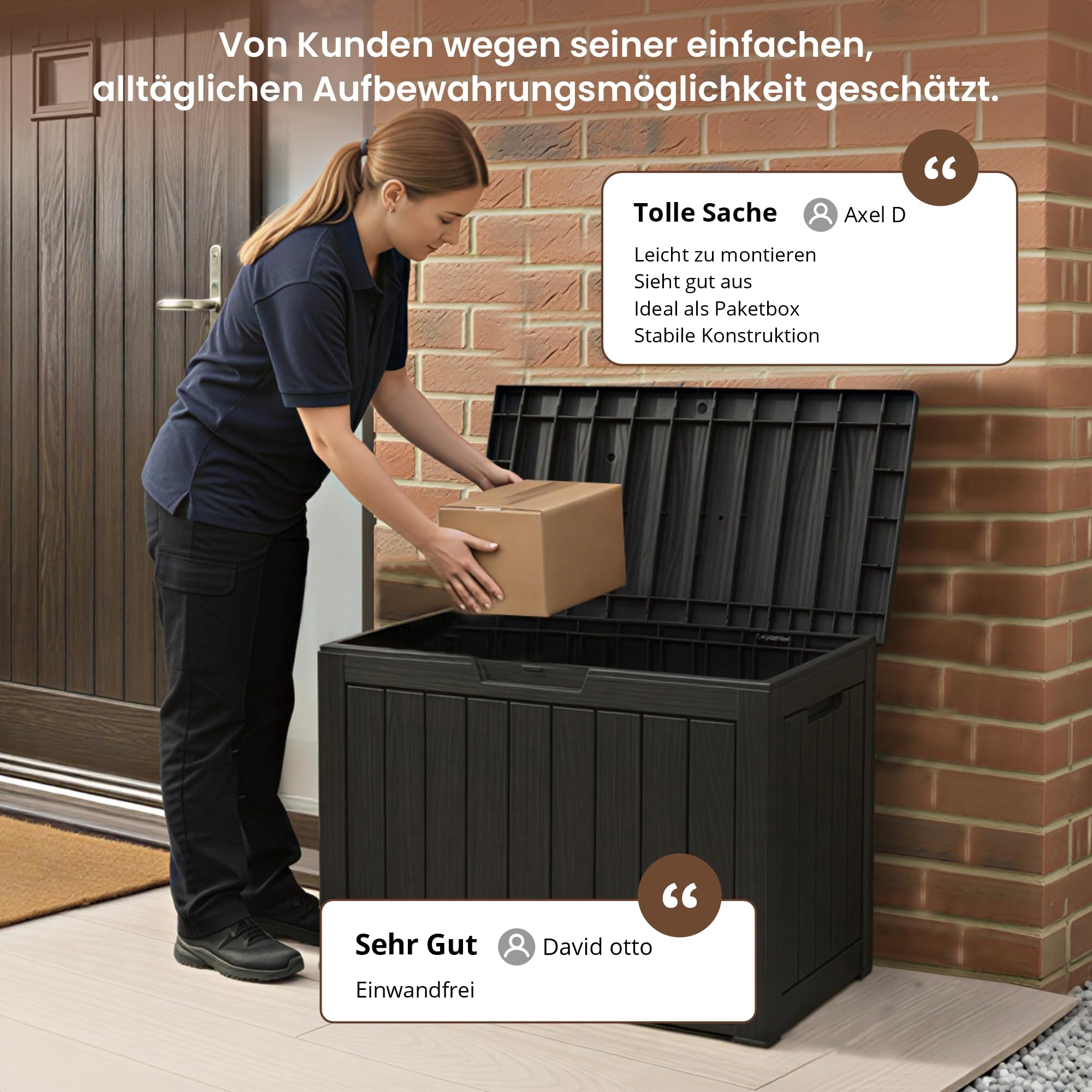 Olsen & Smith 170L Paketbox & Abschließbare Gartenbox mit Deckel | Wasserdicht & Wetterfest, Inkl. Vorhängeschloss, 100 % Recycelt, Für Pakete & Auflagen, Kissenbox, Draußen, Balkon & Terrasse