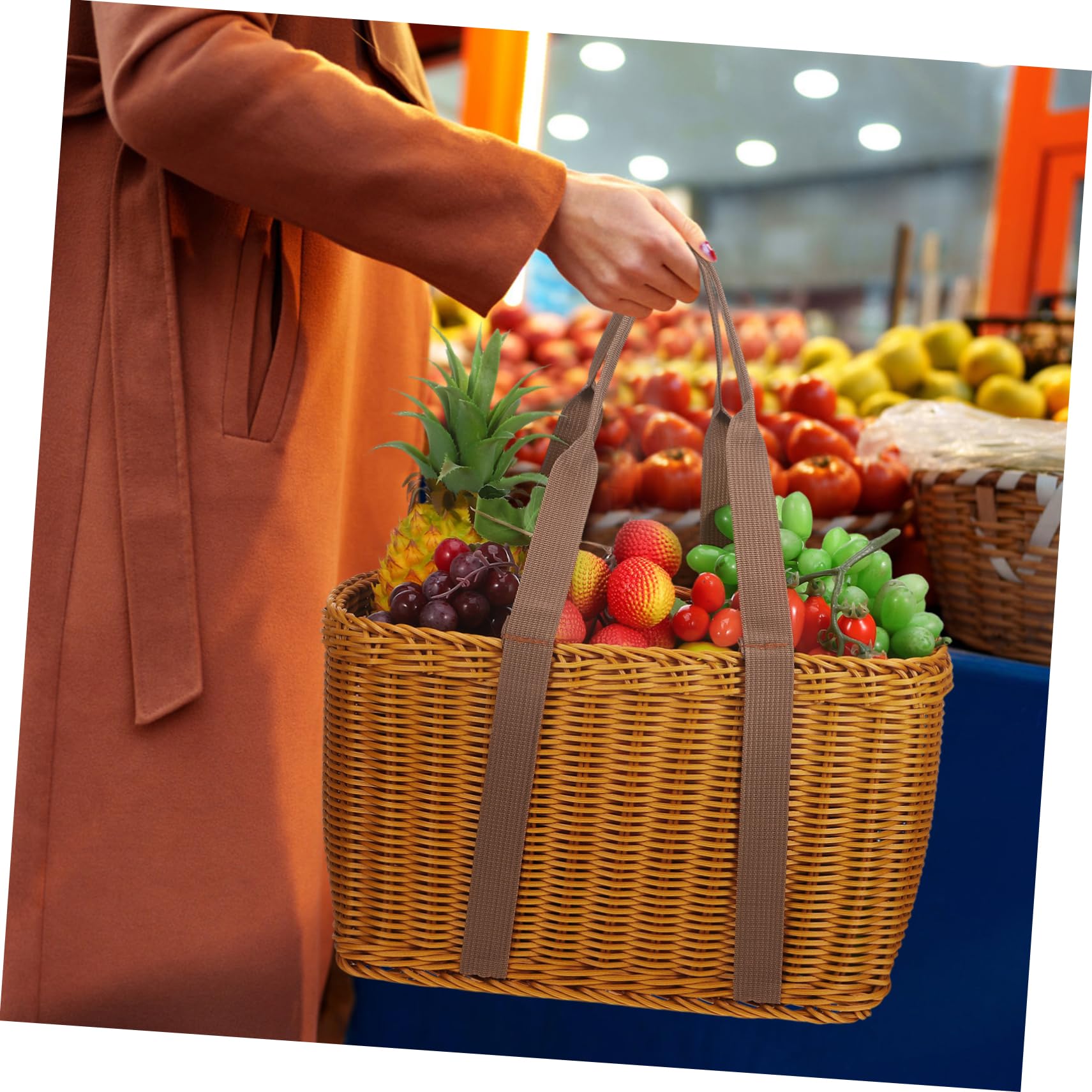 Cesto Intrecciato Marrone in Pp Robusto e Pratico, Portaoggetti da Cucina e Frutta, Contenitore Portatile per Banchetto e Picnic