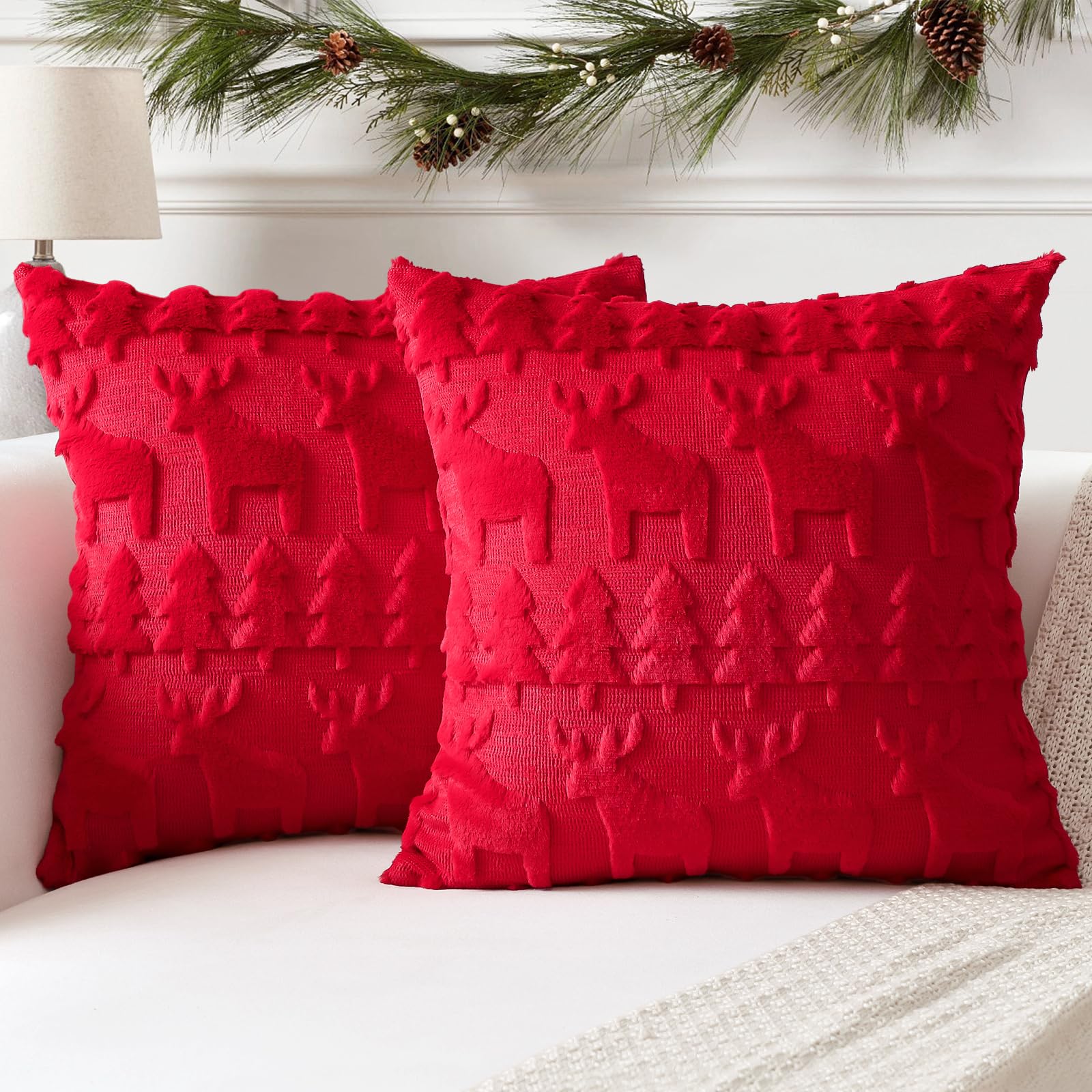Artscope Juego de 2 Navideña Fundas de Cojines de Terciopelo Cojines de Sofá Funda de Almohada Decorativo Suave para Sofá Dormitorio Oficina Salón Navidad Rojo, 60x60cm