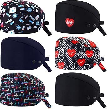6 Pcs Scrub Cap Adjustable Nurse Hat with Double Button and Sweatband Elastic Bandage for Women Men