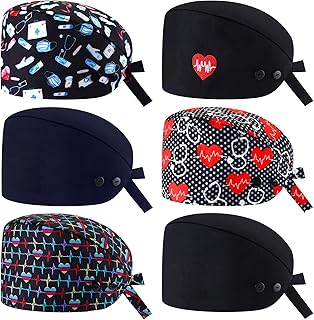 6 Pcs Scrub Cap Adjustable Nurse Hat with Double Button and Sweatband Elastic Bandage