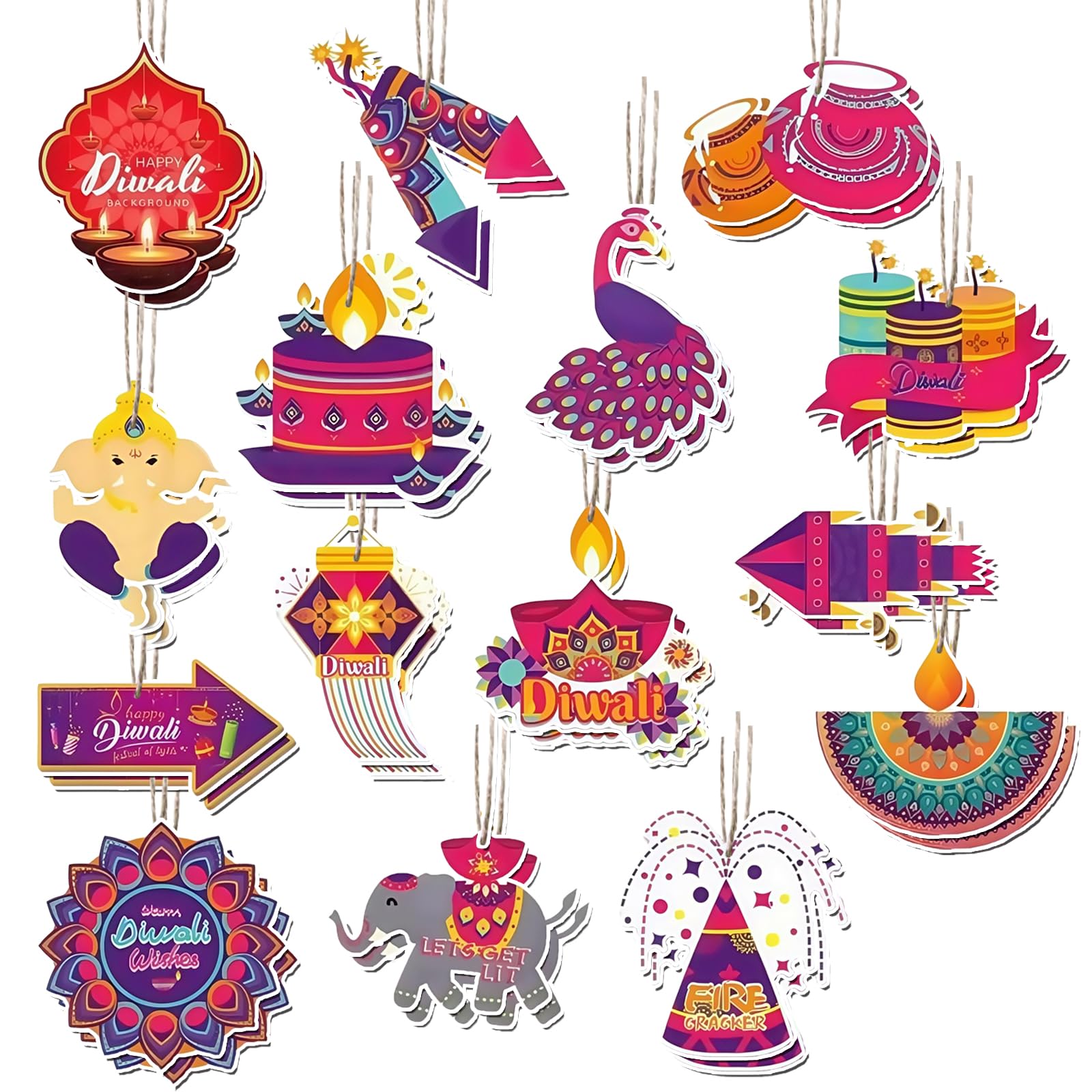 Qylazune Multicolor 30Pcs Wooden Diwali Hanging Decorations Handcrafted Pendant Diyas And Lanterns For Indian Festival Of Lights, Home Puja, Wedding And Rangoli Decor