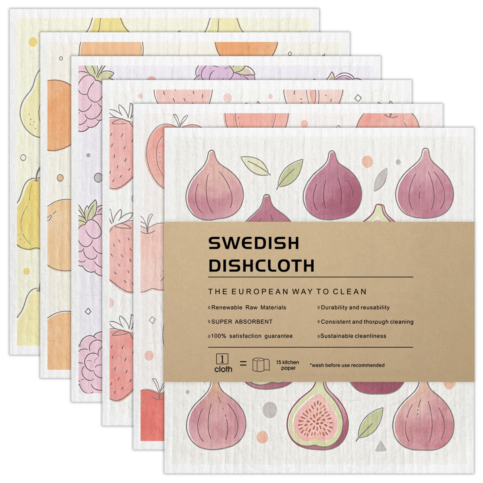 Swedish Dishcloth Kitchen Cleaning Cloth Set of 6 (Watercolor Fruits)