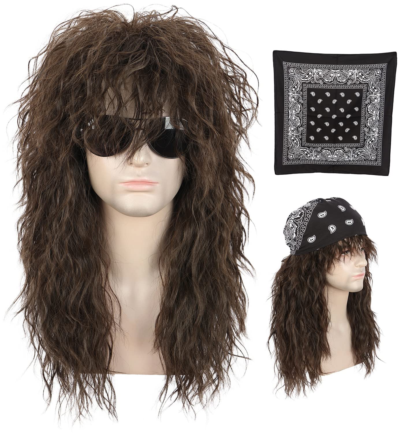 Karlery Men 70s 80s Rocker Metal Mullet Wig with Bandana Long Curly Brown Punk Wig Halloween Party Wig, 21-24 pollici/54-62 cm