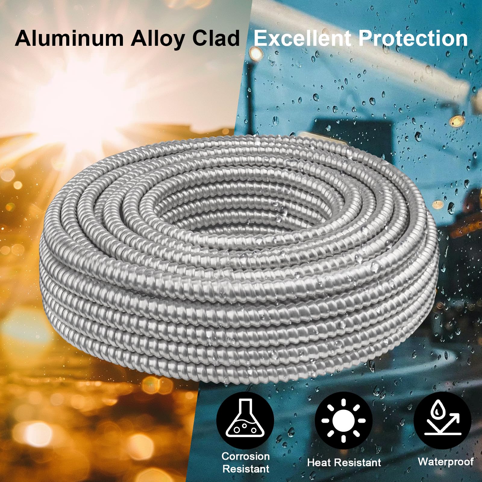 Kabel pokryty metalem (MC) 14/3 z uziemieniem 50 stóp, przewód elektryczny 14 z aluminiową armaturą, solidne nieizolowane przewody miedziane do podziemnej instalacji podtynkowej w