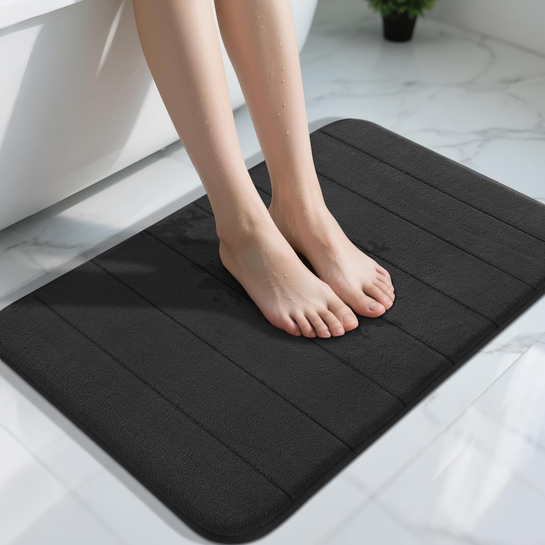 Yimobra Memory Foam Bath Mat Large Size 31.5 by 19.8 inch,Maximum Absorbent,Soft,Comfortable,Non-Slip,Easier to Dry for Bathroom,Black (Presented Wall Hooks 3 Pack)