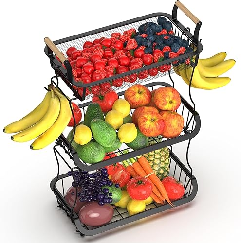 Cesta de frutas de 3 niveles para encimera de cocina con 2 ganchos para plátanos, cuenco de frutas para encimera de cocina, soporte grande para