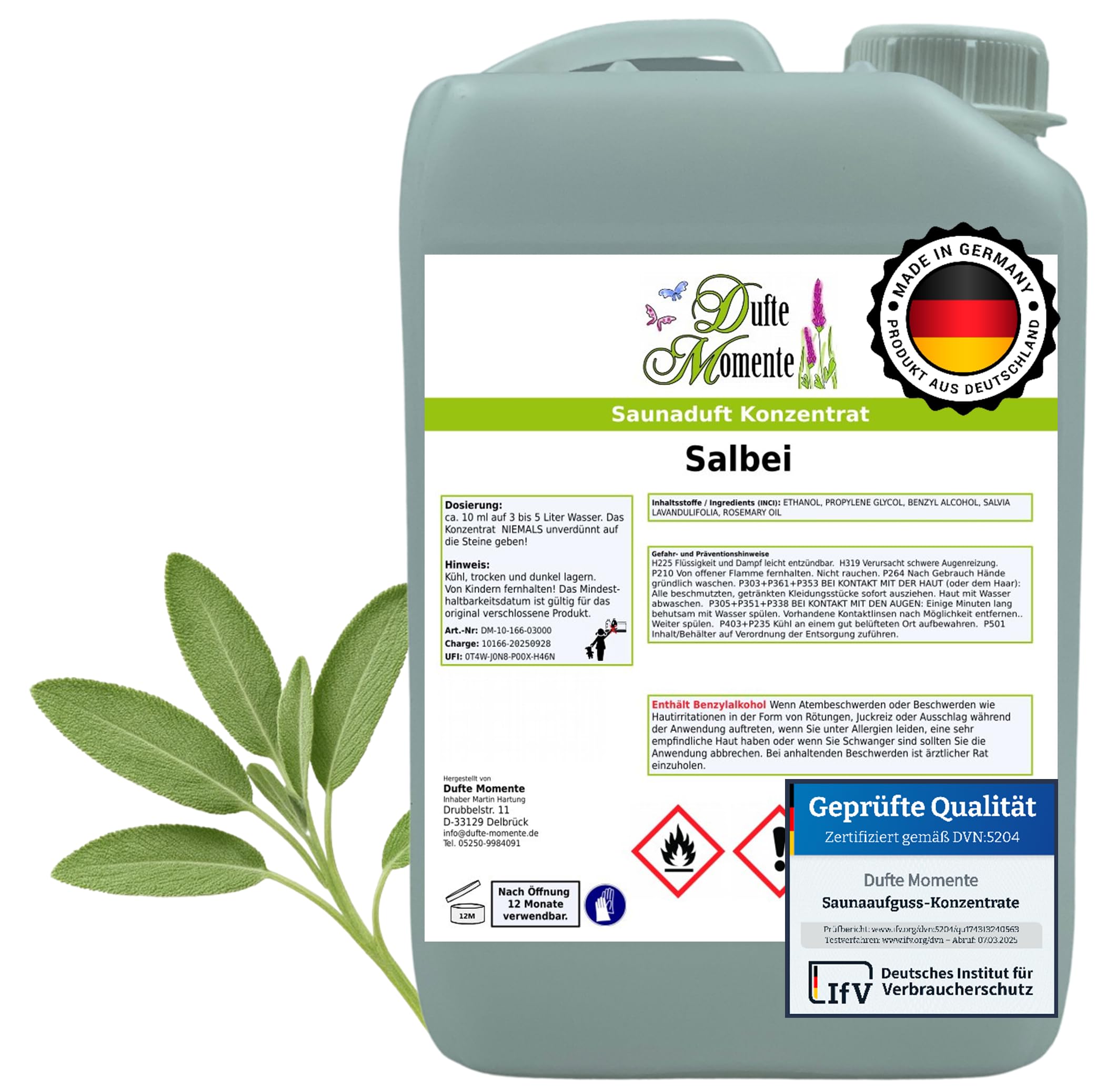 Dufte Momente Saunaaufguss-Konzentrat Salbei – 3 Liter – klar & ausgleichend – konzentriert & ergiebig – zertifizierte Profi-Qualität – vegan & Made in Germany