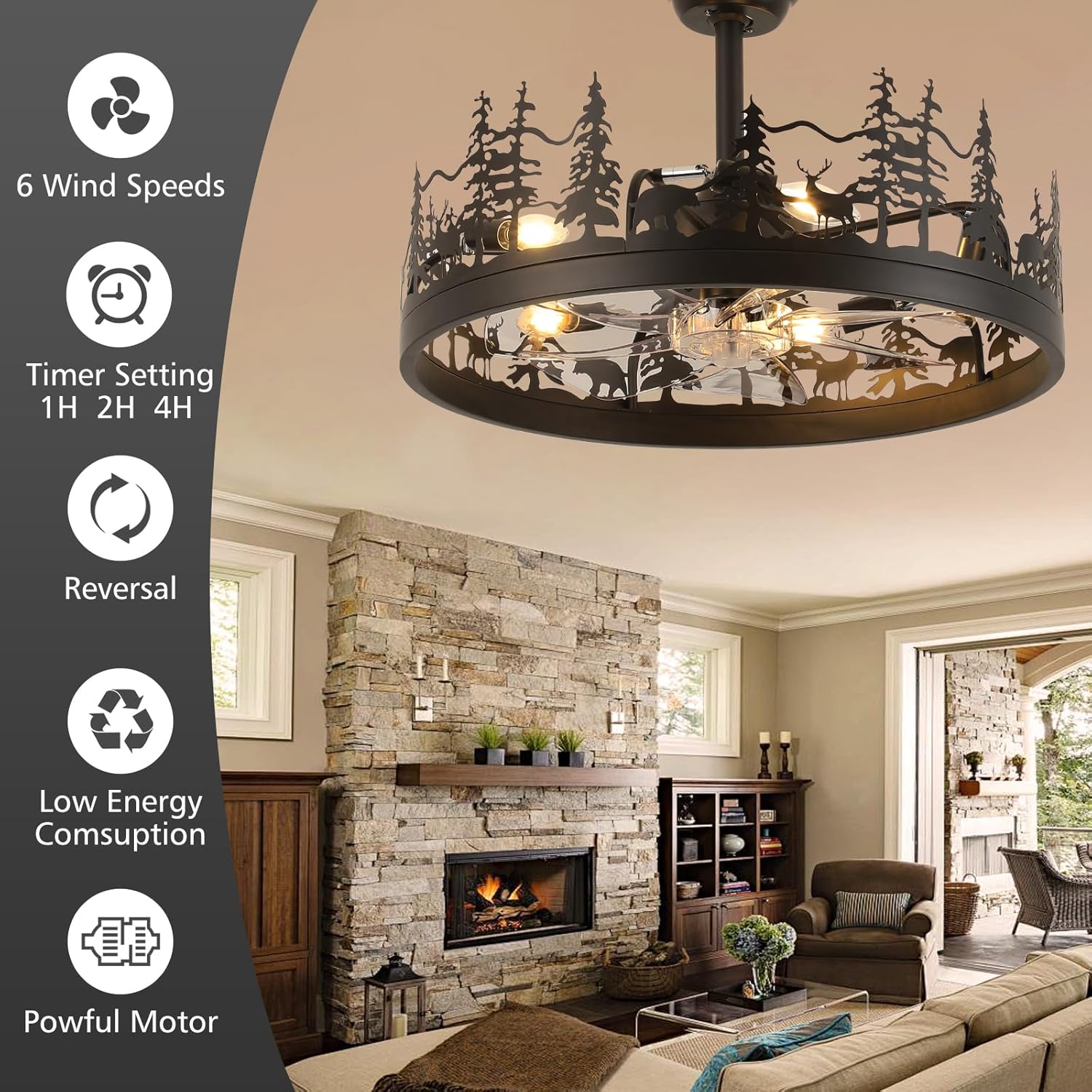 Rustic Ceiling Fans with Lights, 23" Deer Antler Ceiling Fan with Light, Adjustable Height, Rustic Farmhouse Ceiling Fans for Living Room, Bedroom, Hallway, Entryway Lighting
