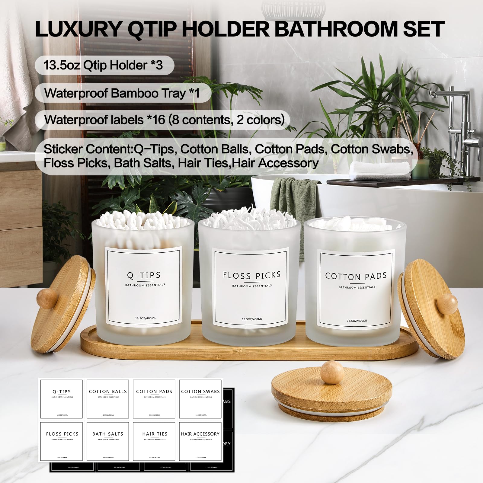 Qtip Halter Badezimmer-Set mit Tablett, 383 ml, Baumwolle, runder Ball-Pad-Halter, Wattestäbchen-Spender, Glas-Apothekergläser mit Deckel, Badezimmer-Organizer und Aufbewahrungsbehälter, 3 Stück